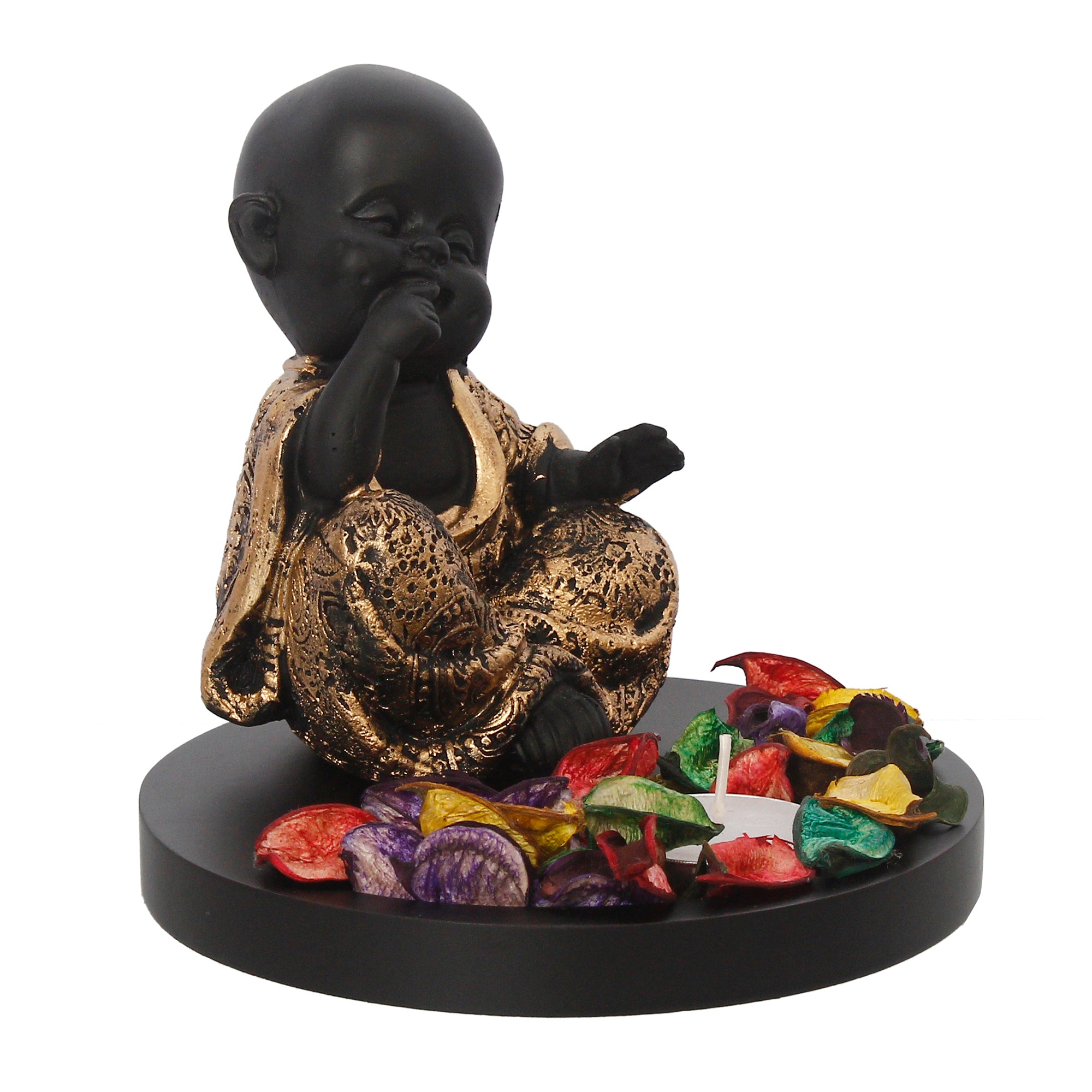 Decorative Smiling Golden Monk Buddha with Wooden Base, Fragranced Petals and Tealight 4