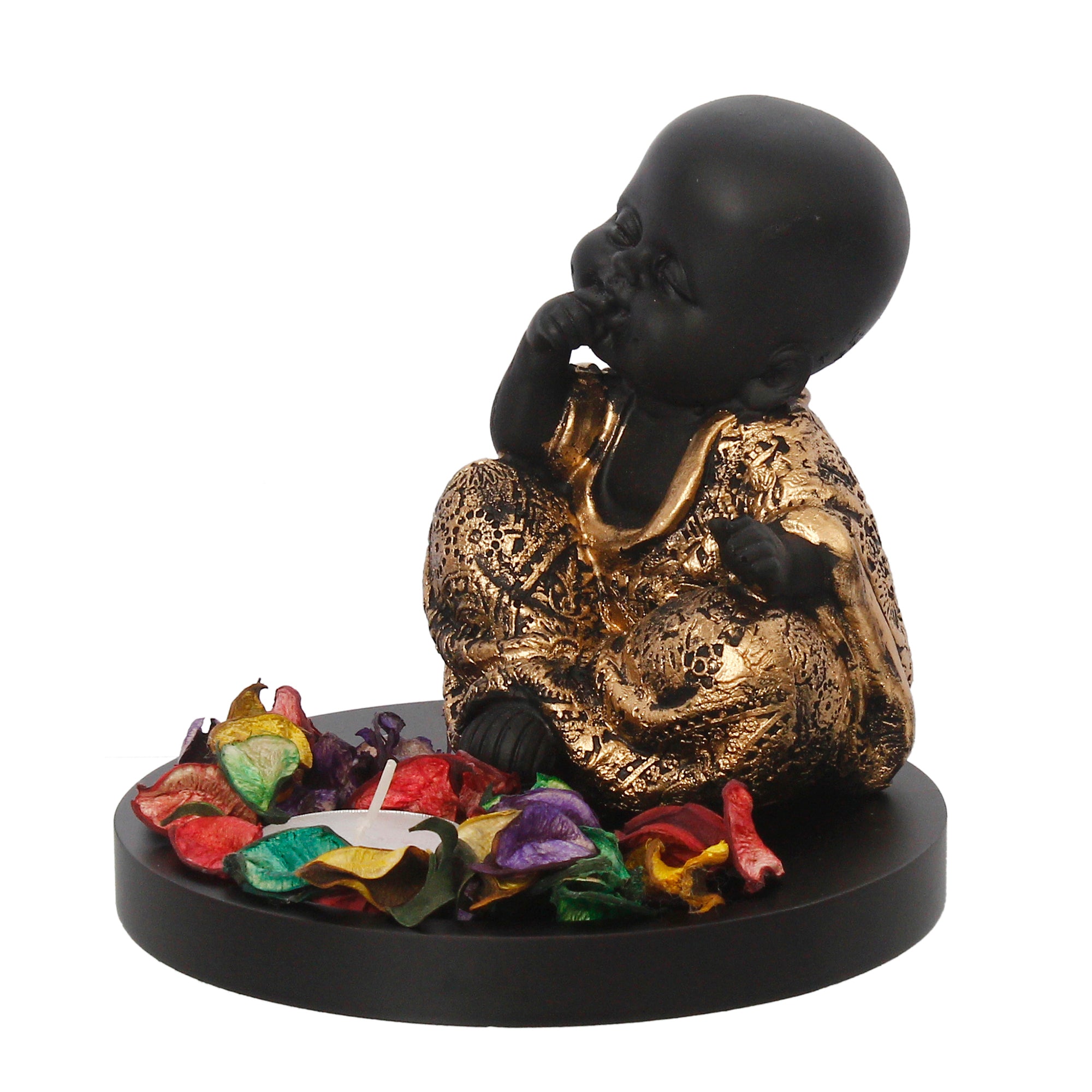 Decorative Smiling Golden Monk Buddha with Wooden Base, Fragranced Petals and Tealight 5