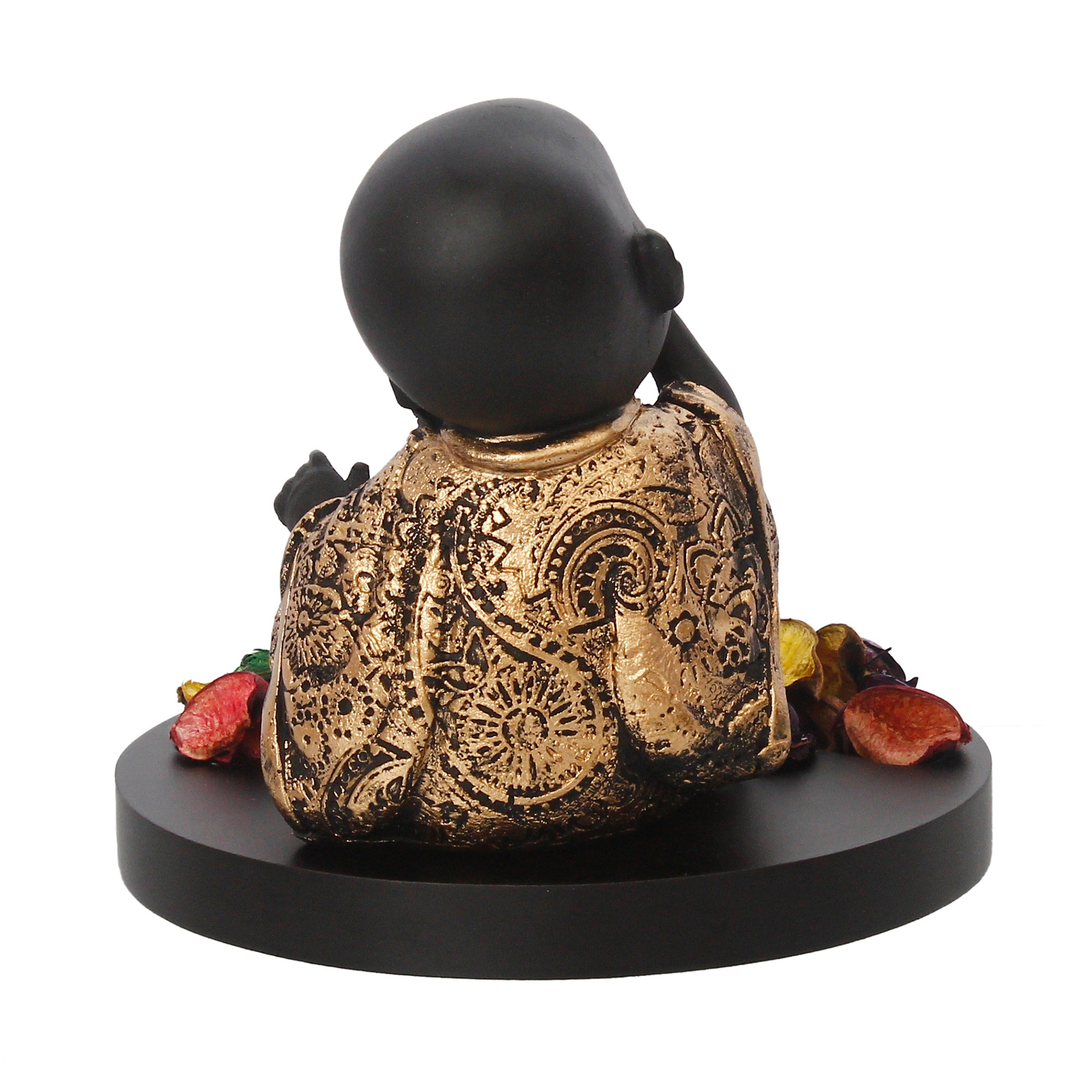 Decorative Smiling Golden Monk Buddha with Wooden Base, Fragranced Petals and Tealight 6