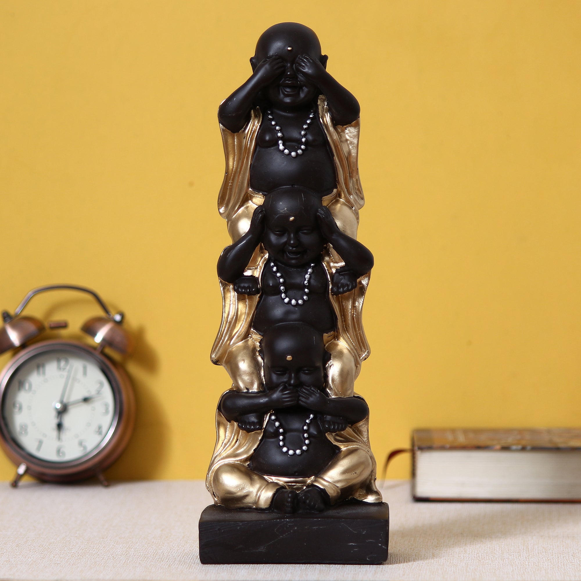 Polyresin Black and Golden Set of 3 Laughing Buddha Statue Standing on each other Decorative Showpiece
