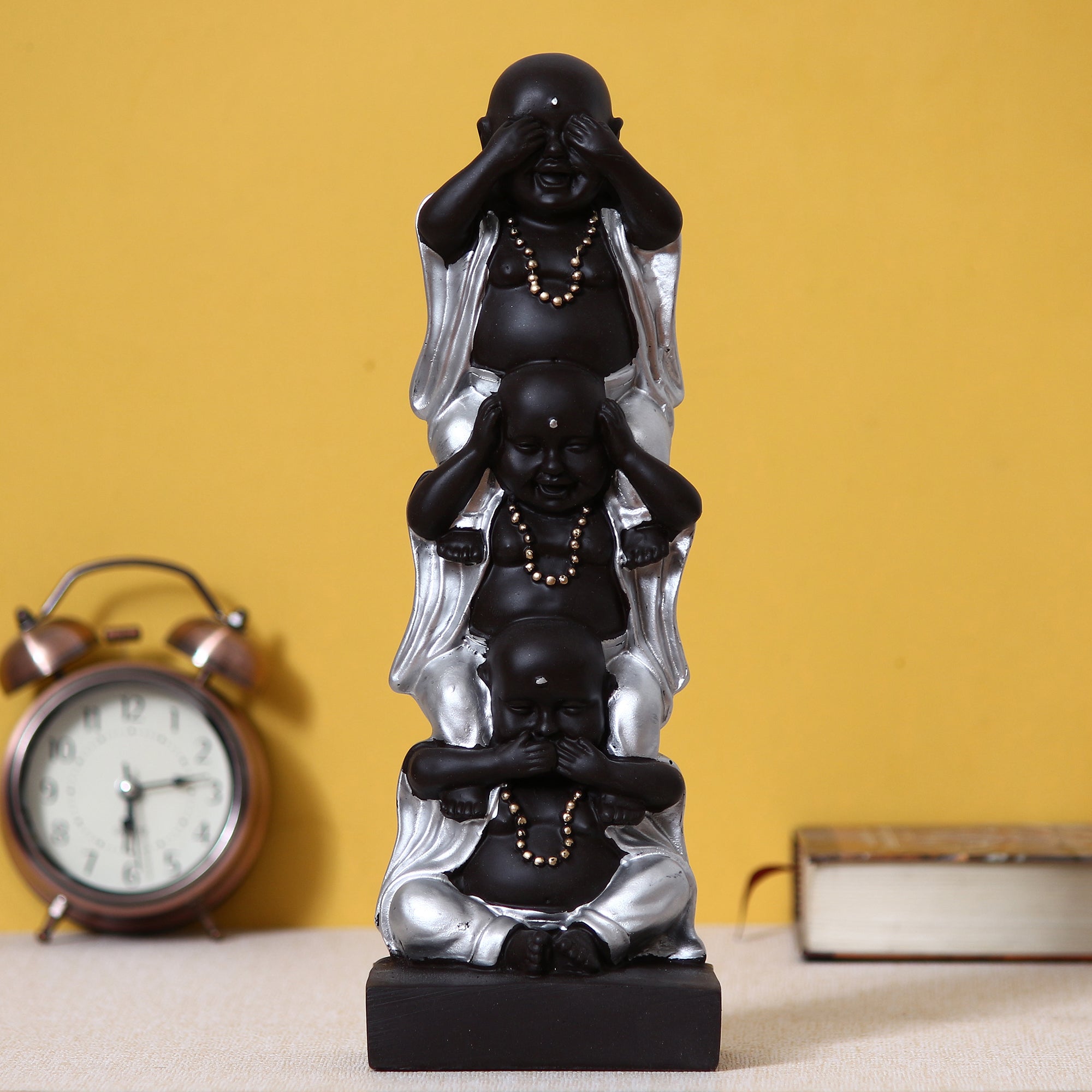 Polyresin Silver and Black Set of 3 Laughing Buddha Idol Standing on each other Decorative Showpiece