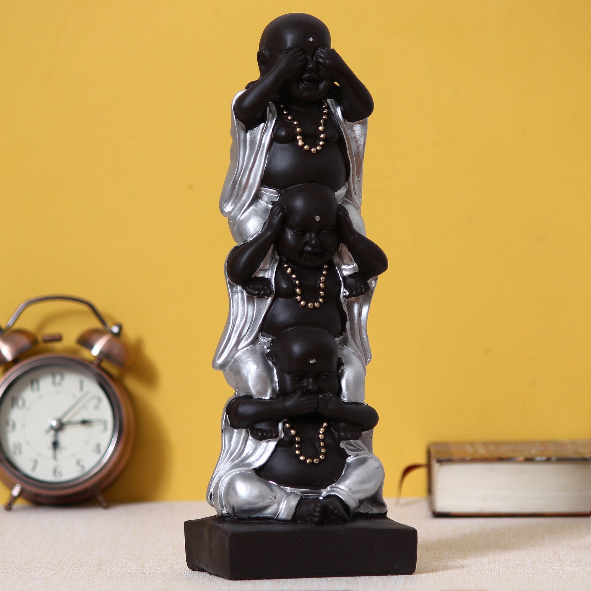 Polyresin Silver and Black Set of 3 Laughing Buddha Idol Standing on each other Decorative Showpiece 6