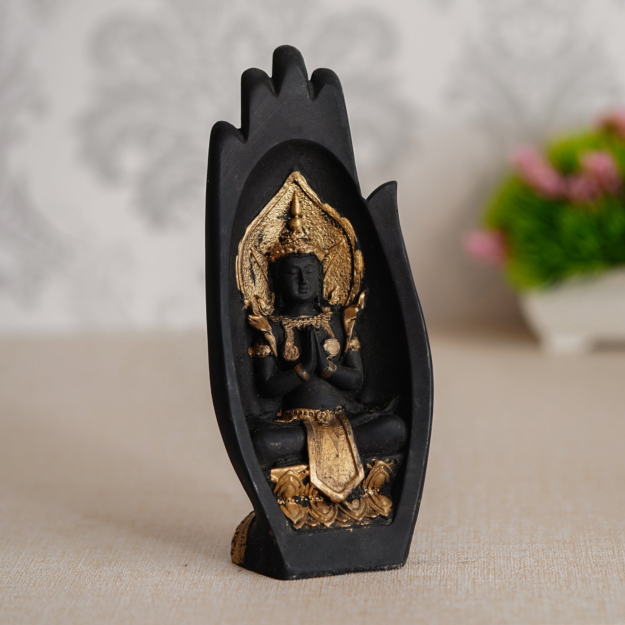 Golden Handcrafted Engraved Palm Buddha Decorative Showpiece