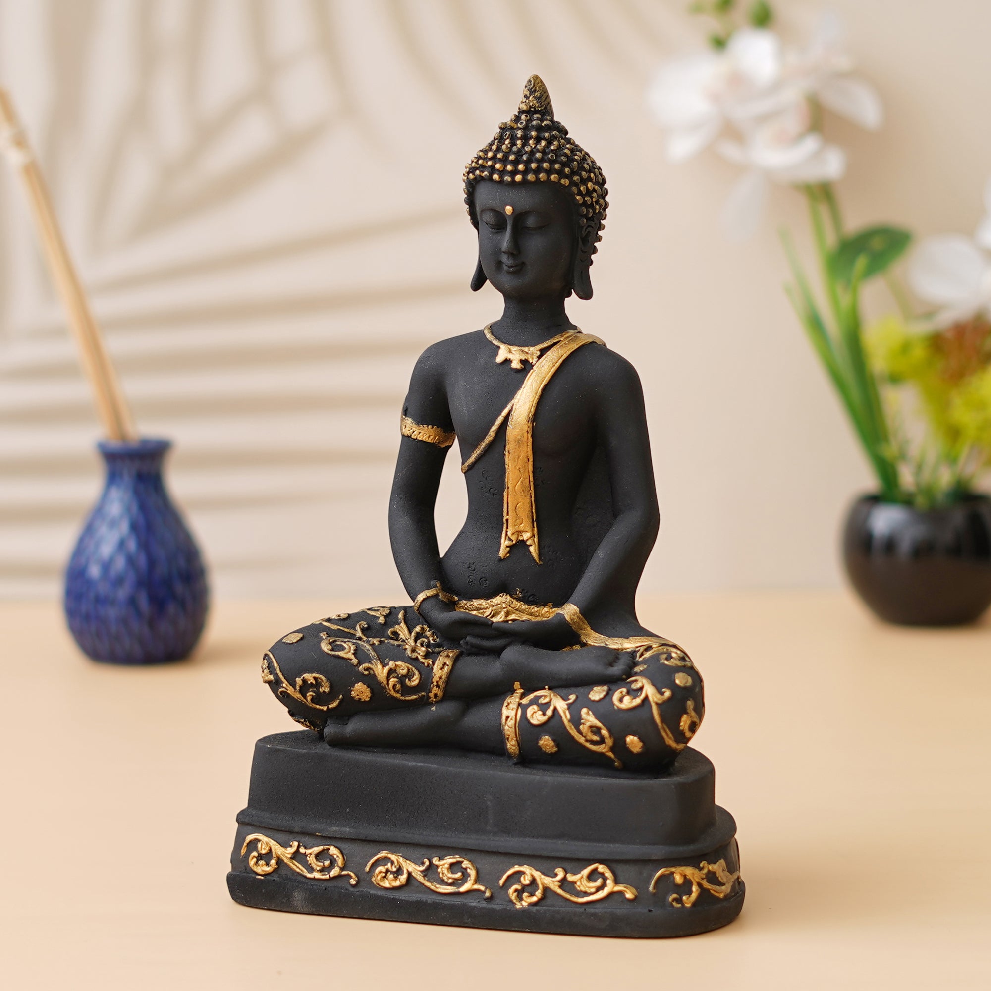 eCraftIndia Black & Golden Polyresin Handcrafted Meditating Buddha Statue