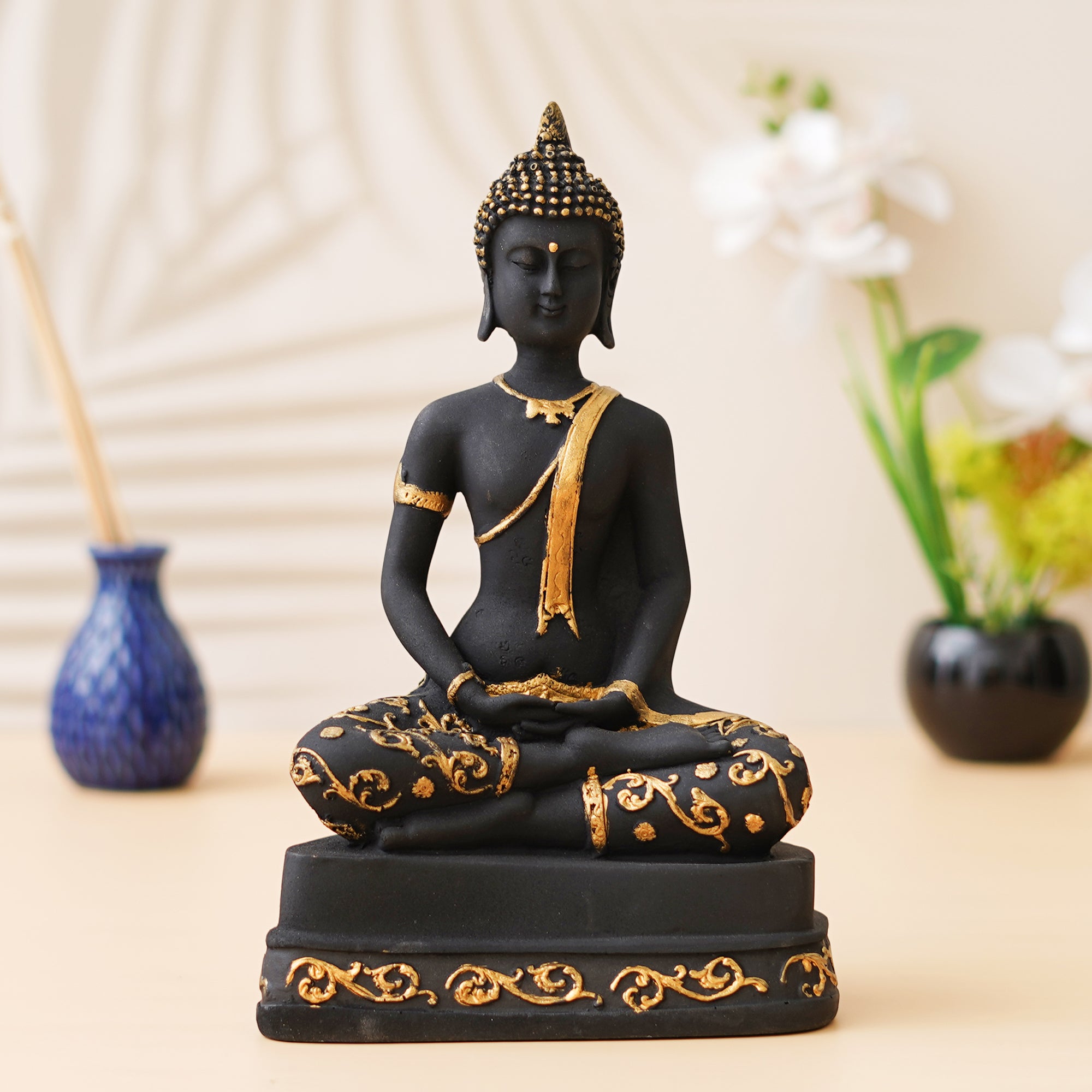 eCraftIndia Black & Golden Polyresin Handcrafted Meditating Buddha Statue 1