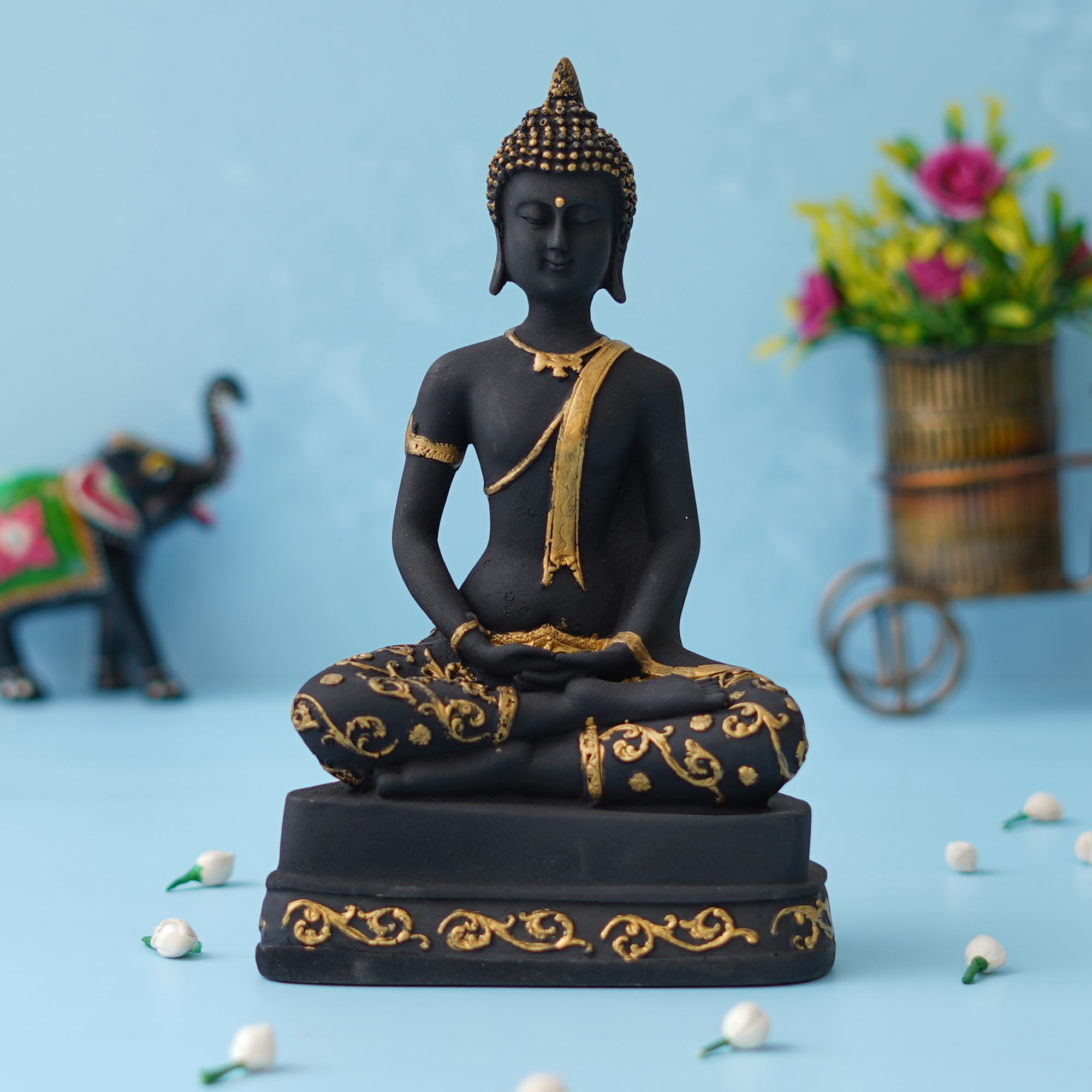 eCraftIndia Black & Golden Polyresin Handcrafted Meditating Buddha Statue 4