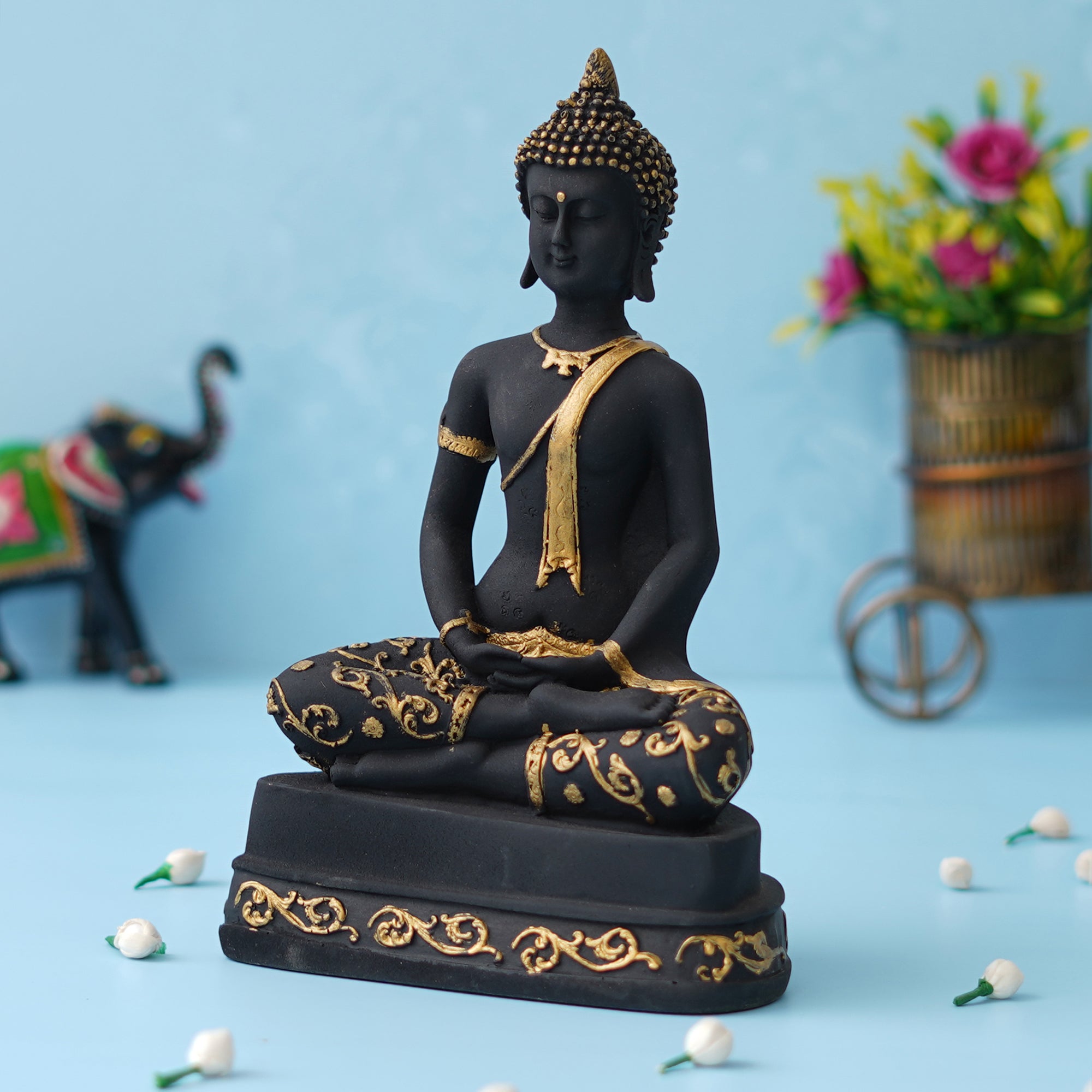 eCraftIndia Black & Golden Polyresin Handcrafted Meditating Buddha Statue 5