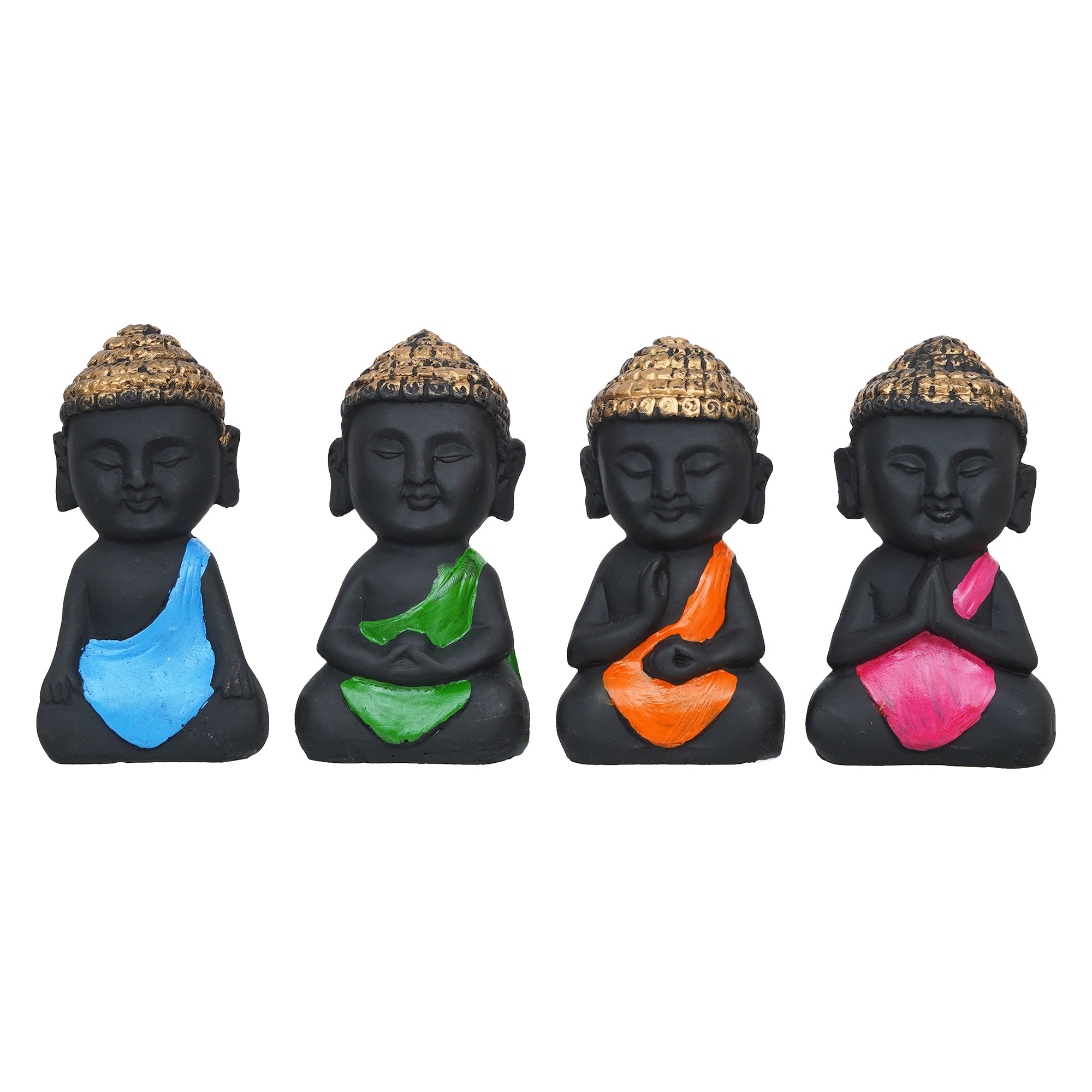 eCraftIndia Set Of 4 Pink, Blue, Green, Orange Polyresin Handcrafted Little Monk Buddha Statues 2