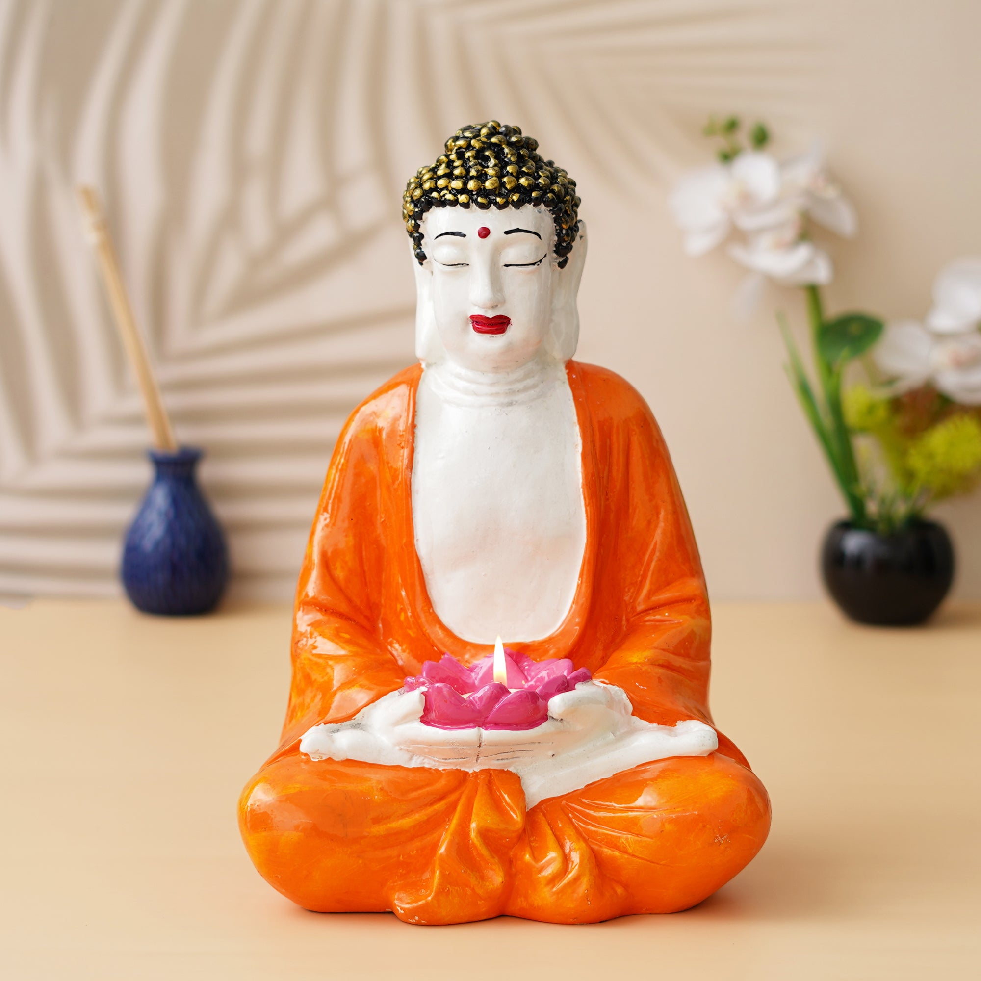 eCraftIndia Orange, White, and Pink Polyresin Handcrafted Meditating Buddha Idol with Lotus Flower in Hands Tea Light Holder