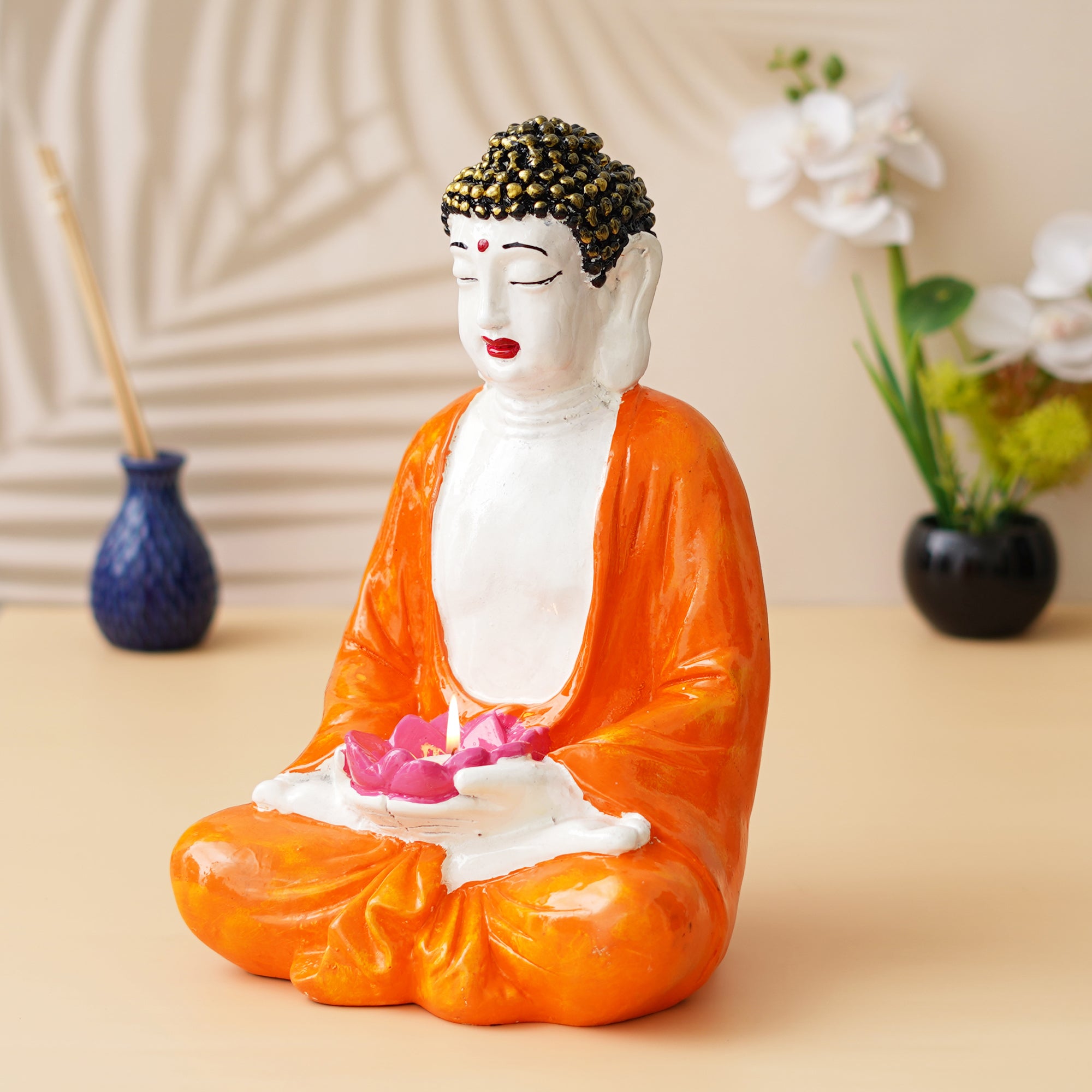eCraftIndia Orange, White, and Pink Polyresin Handcrafted Meditating Buddha Idol with Lotus Flower in Hands Tea Light Holder 1