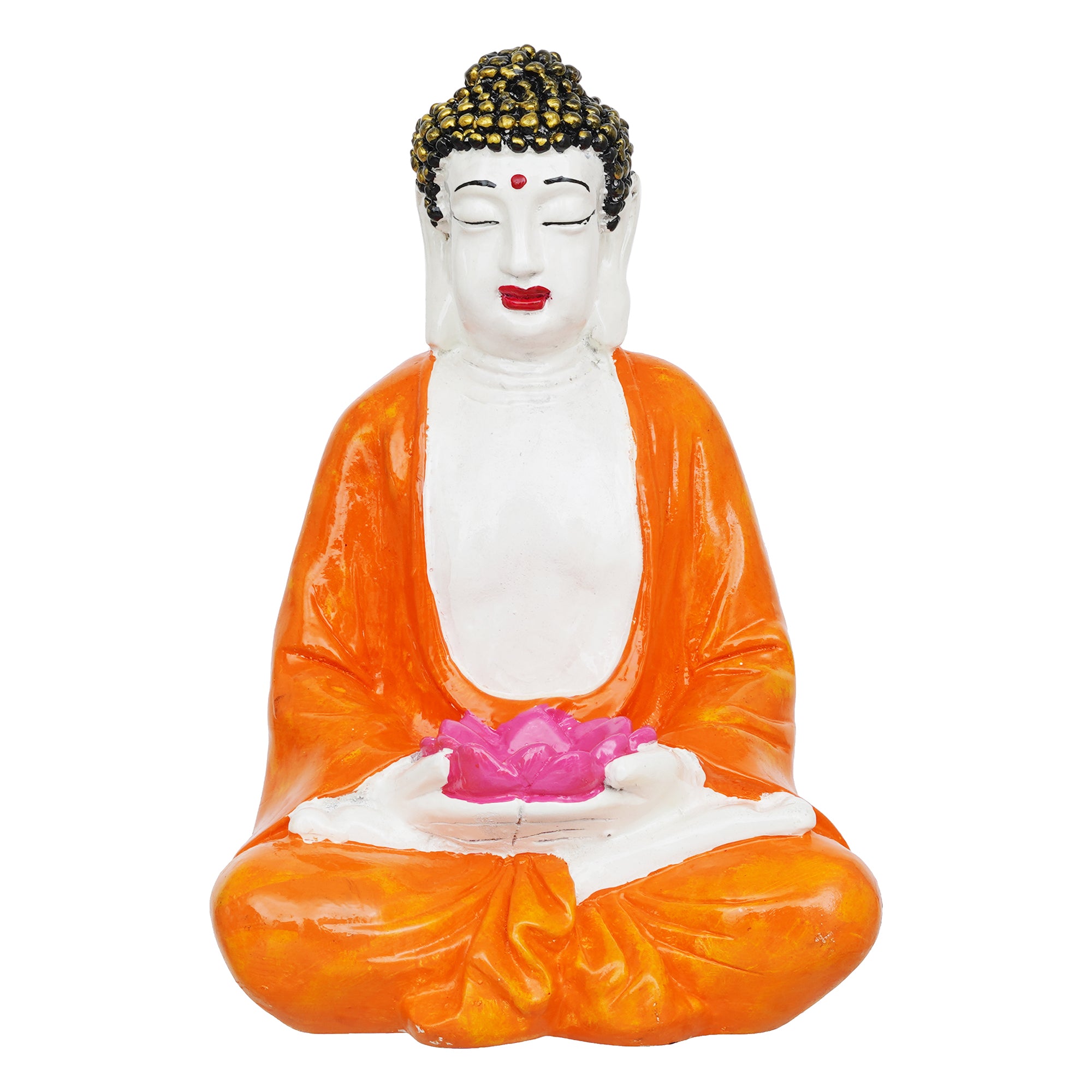eCraftIndia Orange, White, and Pink Polyresin Handcrafted Meditating Buddha Idol with Lotus Flower in Hands Tea Light Holder 2