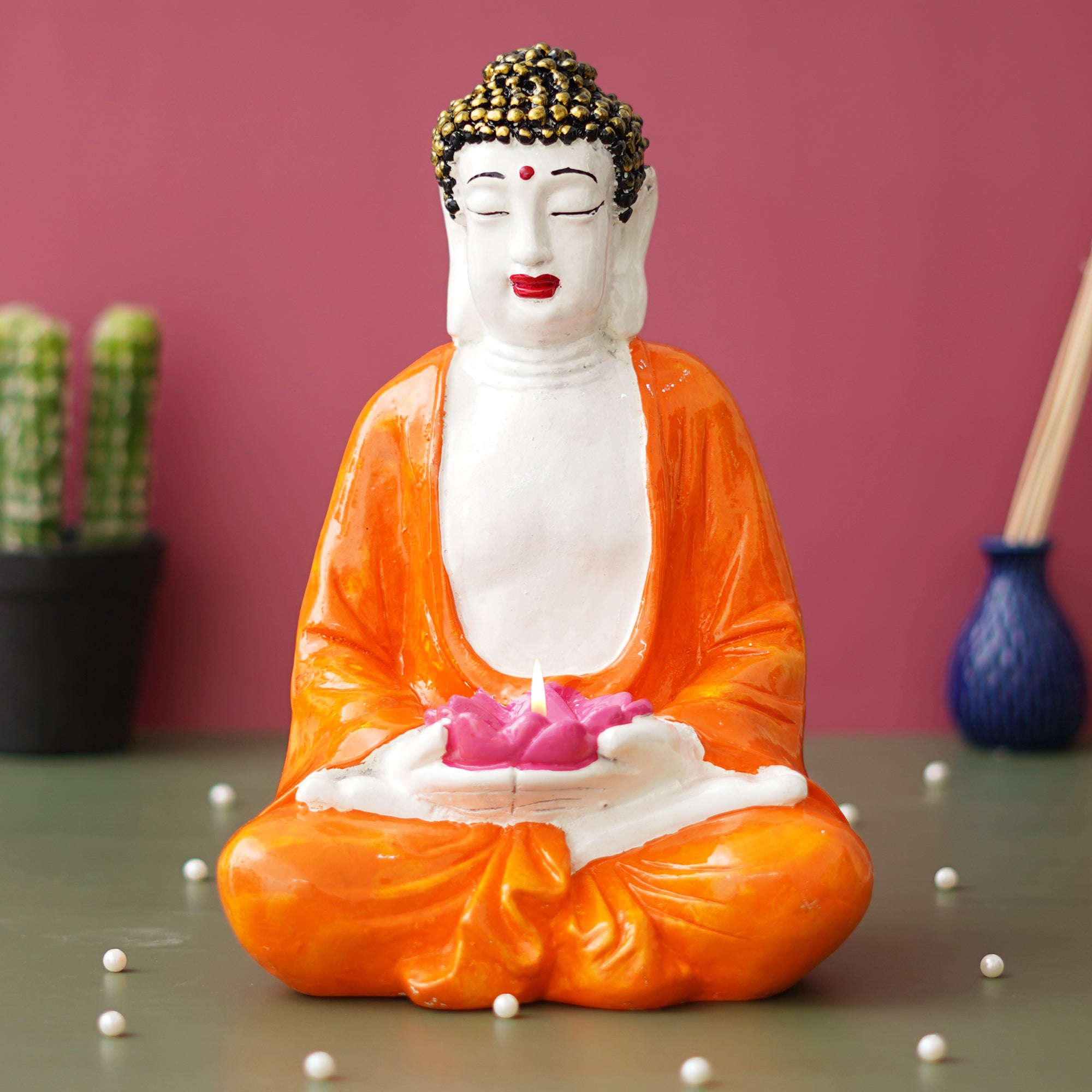 eCraftIndia Orange, White, and Pink Polyresin Handcrafted Meditating Buddha Idol with Lotus Flower in Hands Tea Light Holder 4