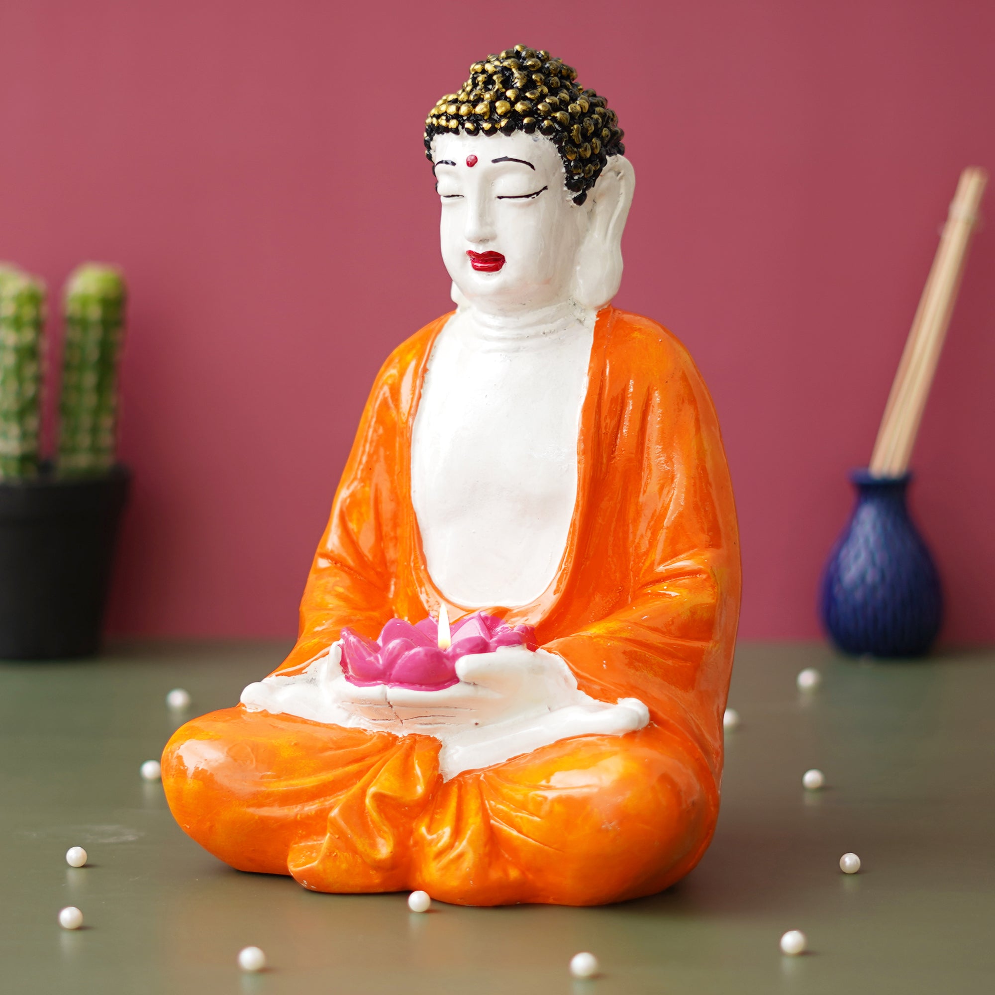 eCraftIndia Orange, White, and Pink Polyresin Handcrafted Meditating Buddha Idol with Lotus Flower in Hands Tea Light Holder 5