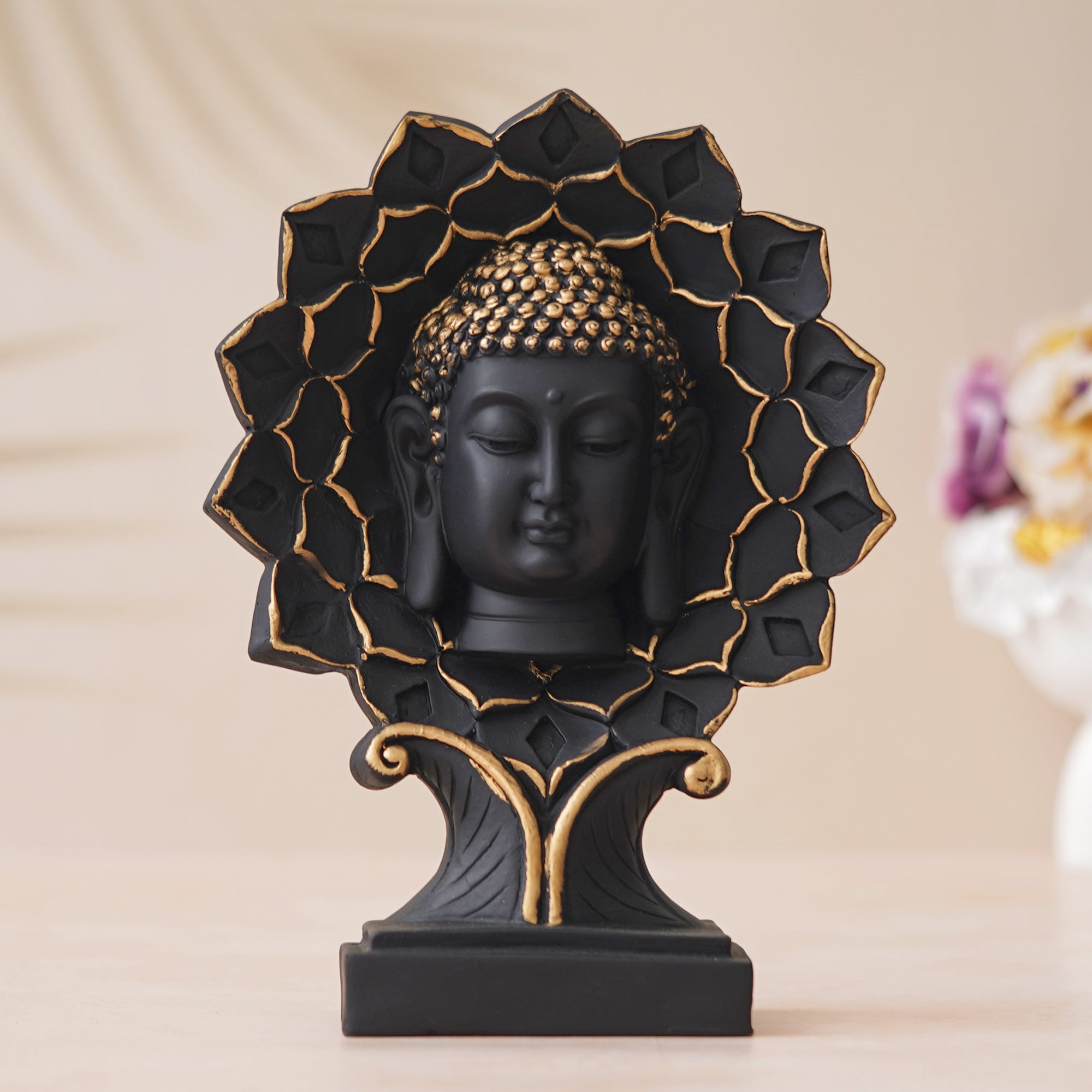 eCraftIndia Black and Golden Polyresin Lord Buddha Face Statue on Lotus with Stand