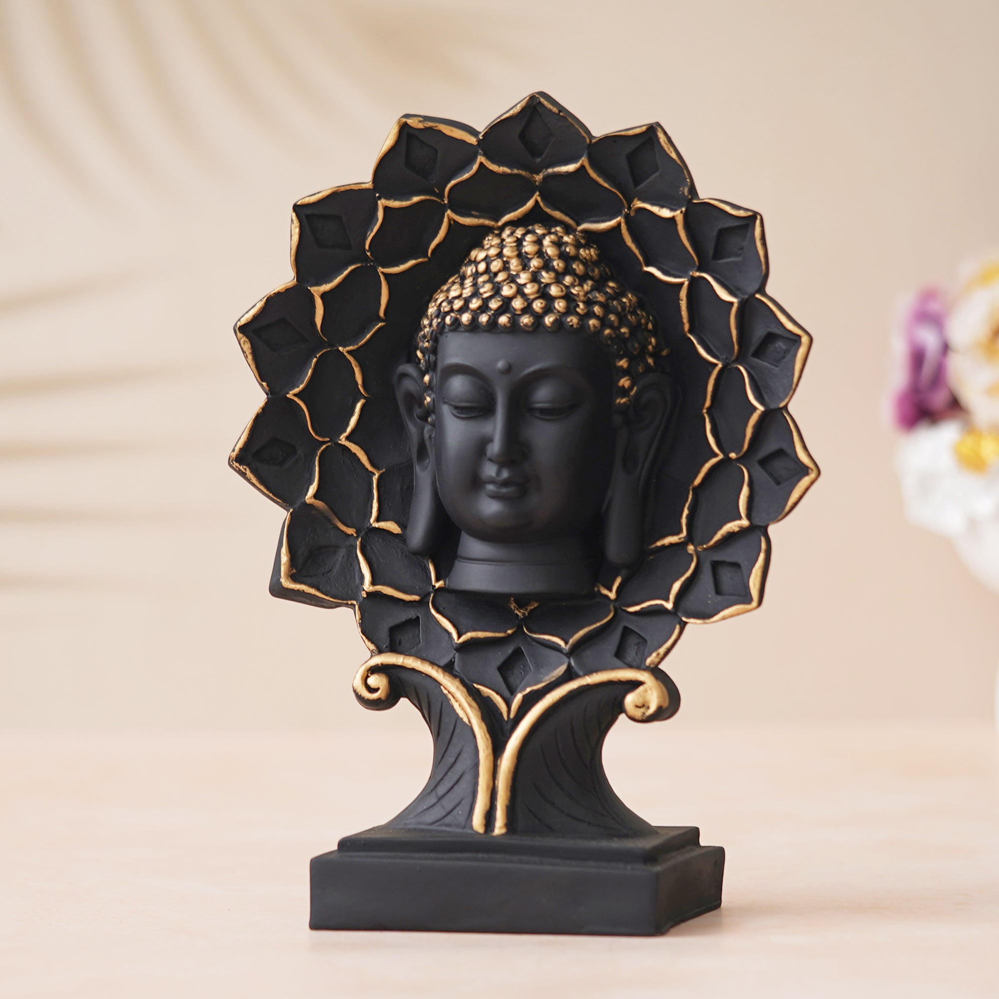 eCraftIndia Black and Golden Polyresin Lord Buddha Face Statue on Lotus with Stand 1