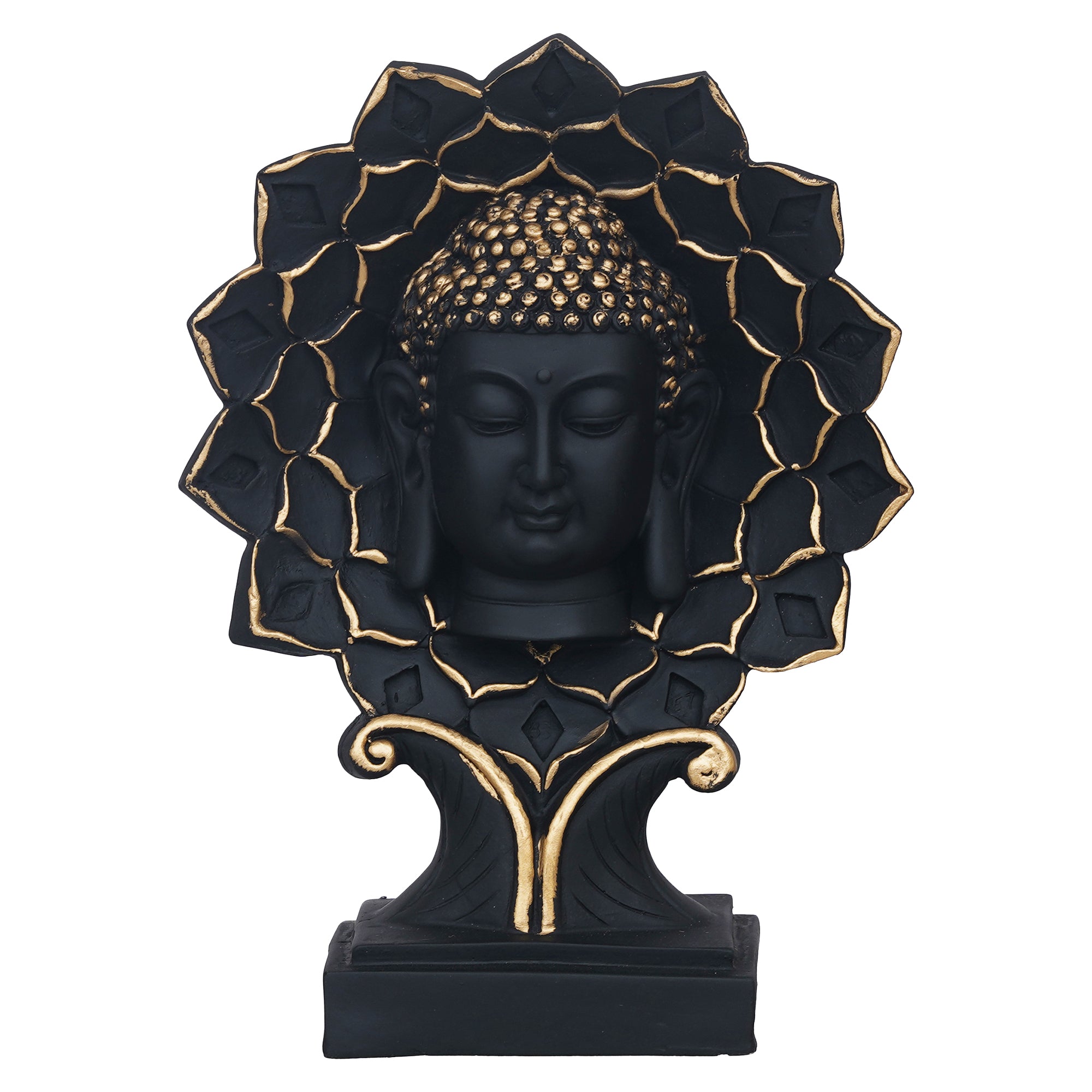 eCraftIndia Black and Golden Polyresin Lord Buddha Face Statue on Lotus with Stand 2