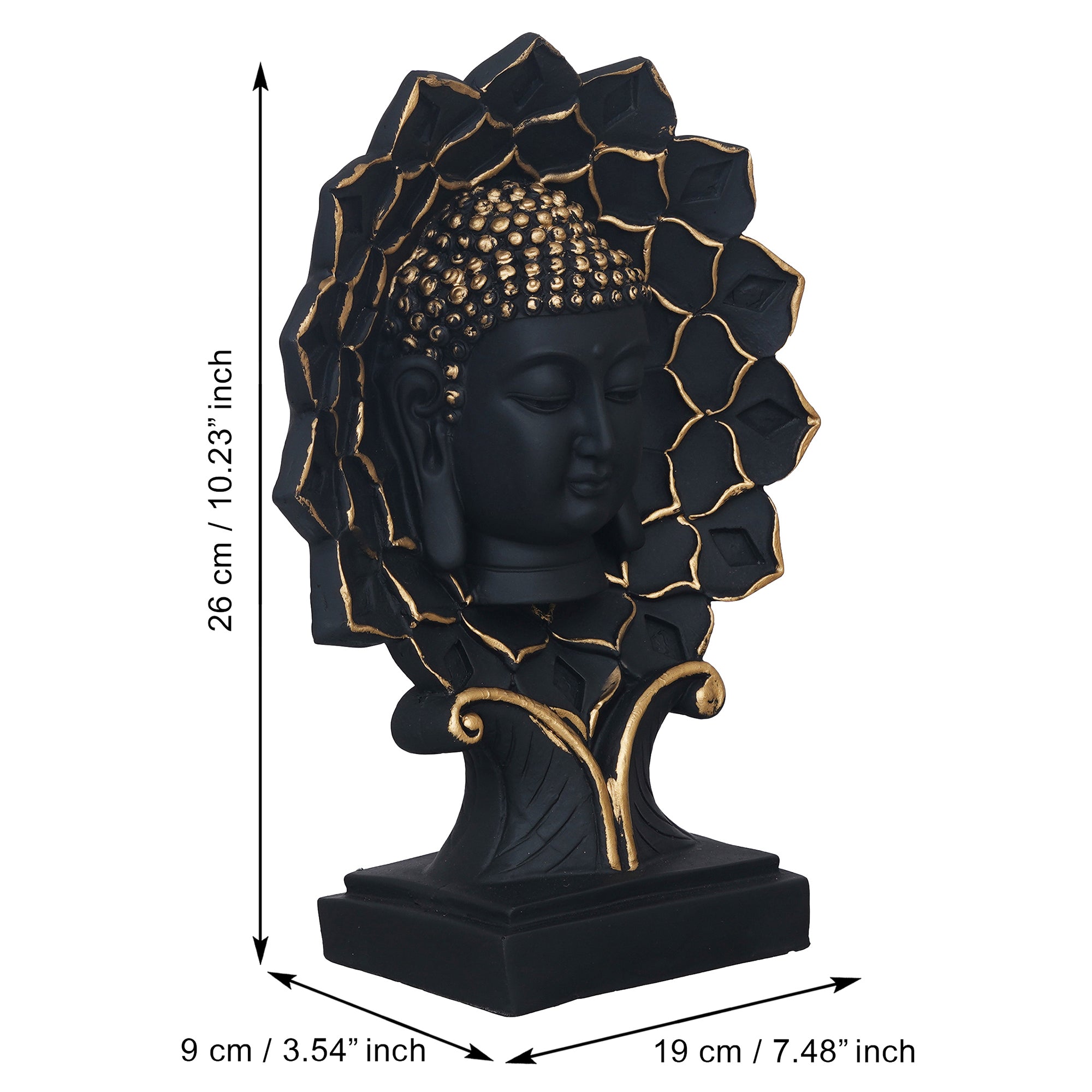 eCraftIndia Black and Golden Polyresin Lord Buddha Face Statue on Lotus with Stand 3