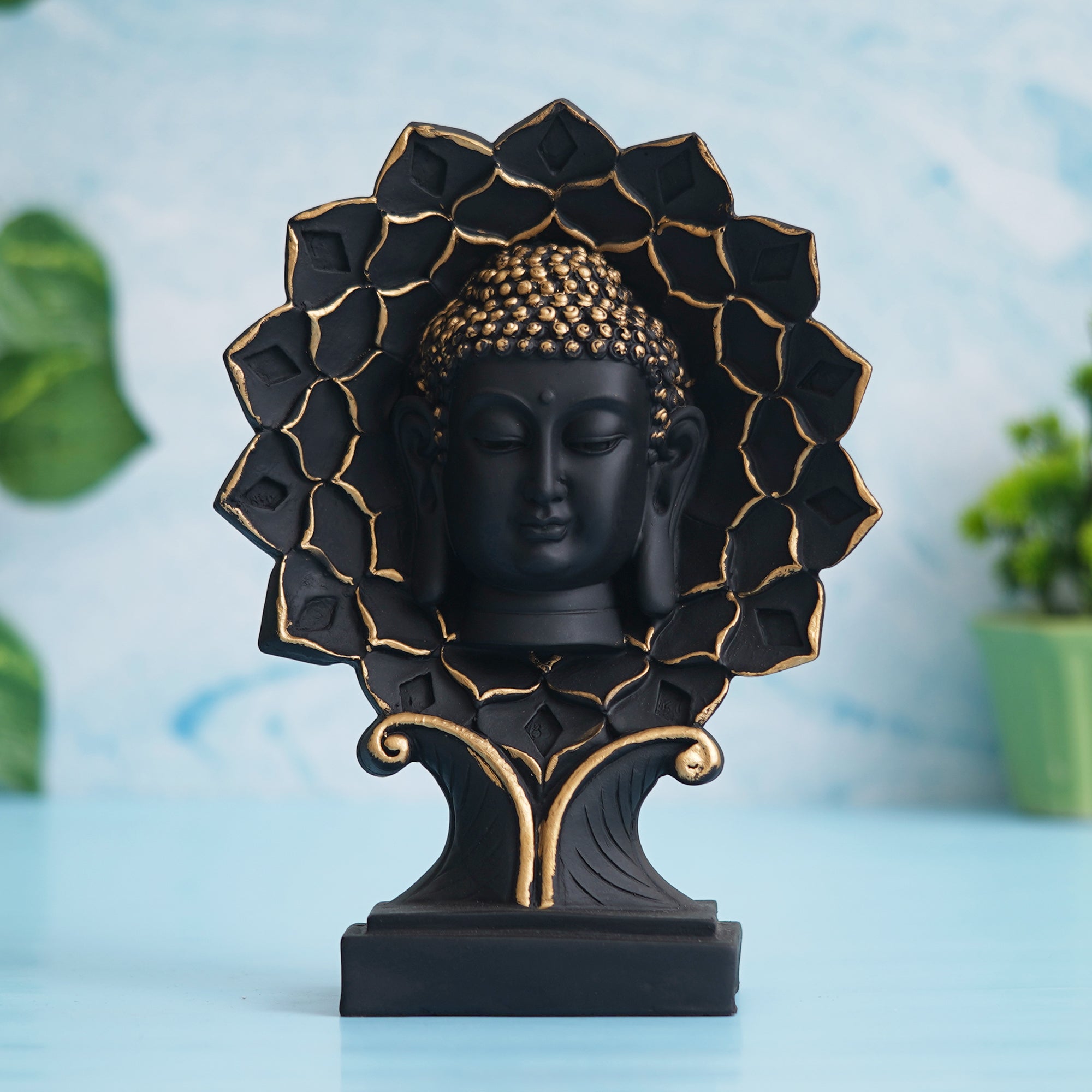 eCraftIndia Black and Golden Polyresin Lord Buddha Face Statue on Lotus with Stand 4