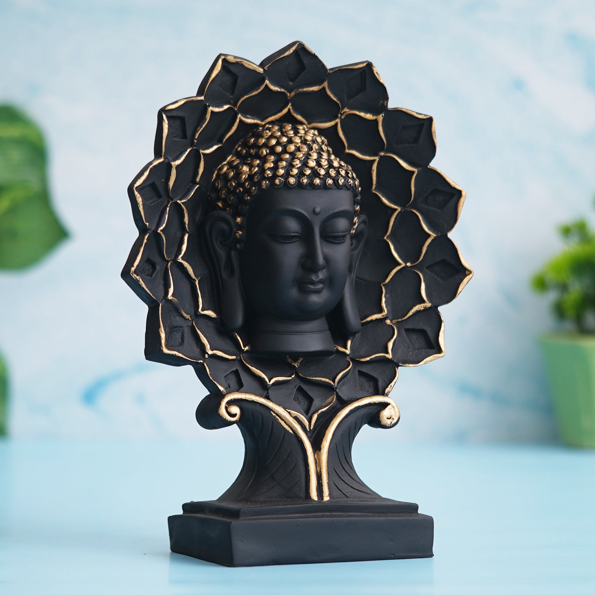 eCraftIndia Black and Golden Polyresin Lord Buddha Face Statue on Lotus with Stand 5