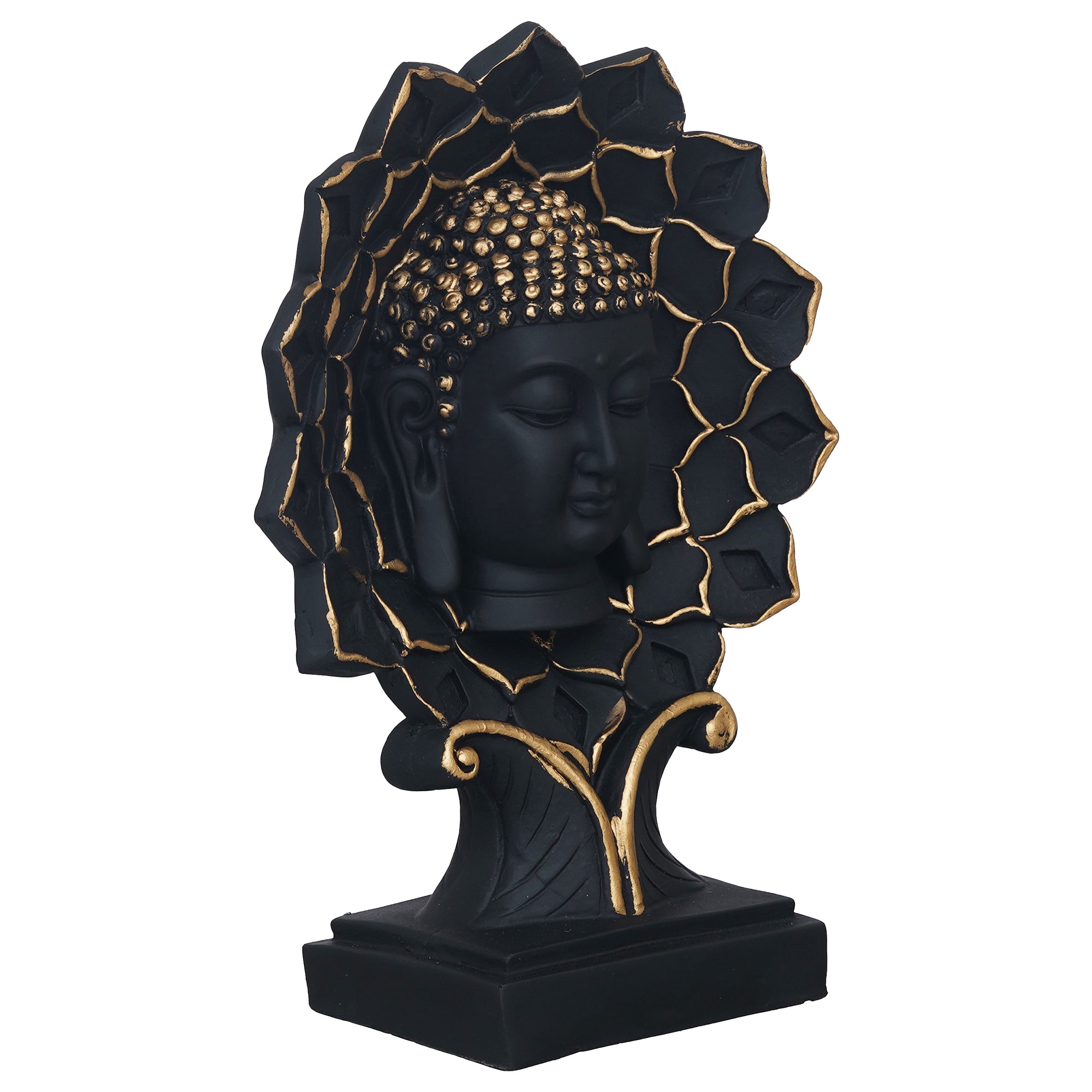 eCraftIndia Black and Golden Polyresin Lord Buddha Face Statue on Lotus with Stand 6