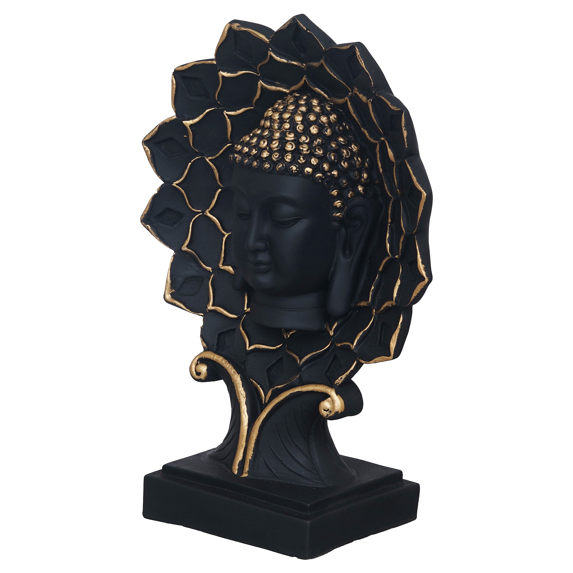 eCraftIndia Black and Golden Polyresin Lord Buddha Face Statue on Lotus with Stand 7