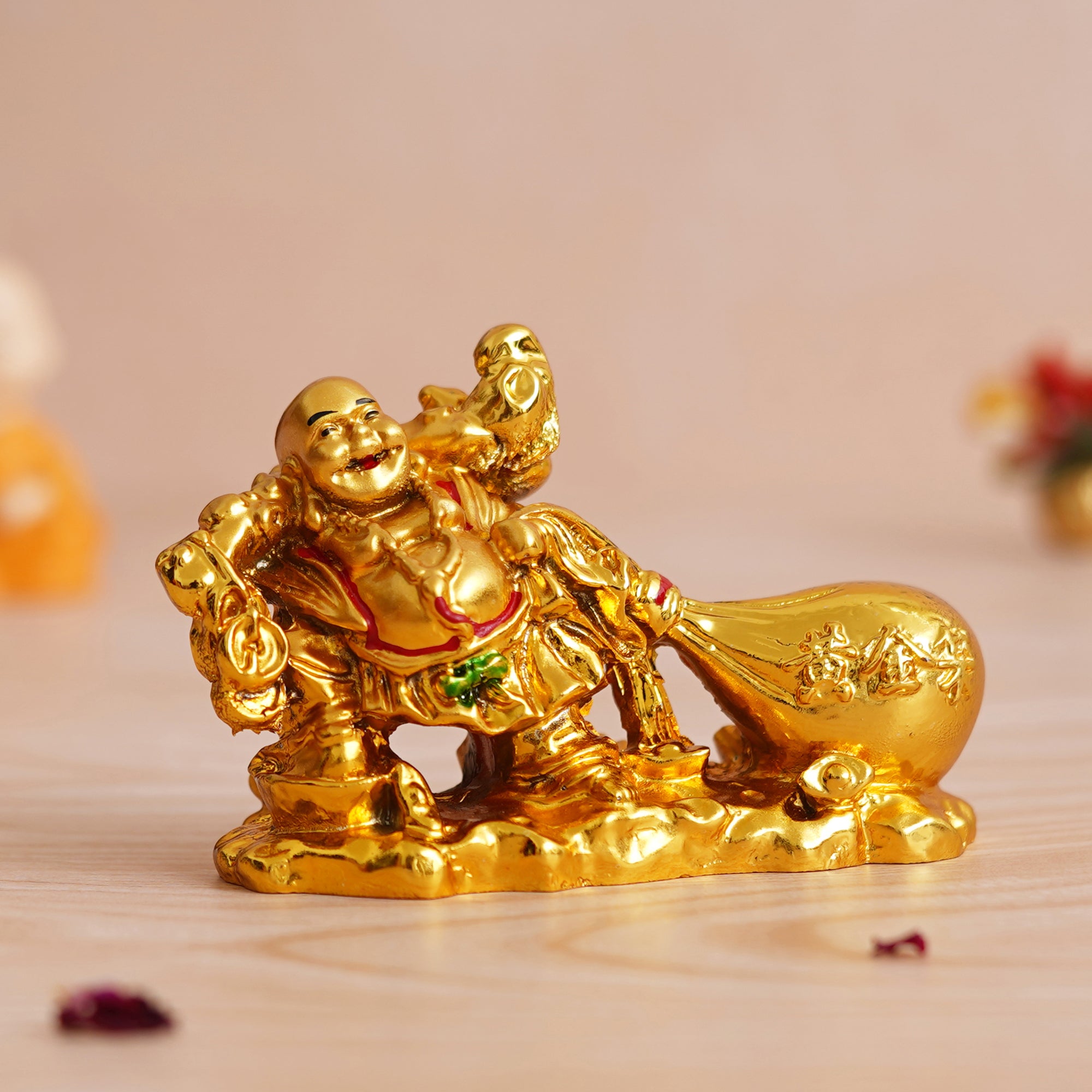 eCraftIndia Golden Polyresin Feng Shui Laughing Buddha Idol with Money Bag For Wealth And Good Luck 1