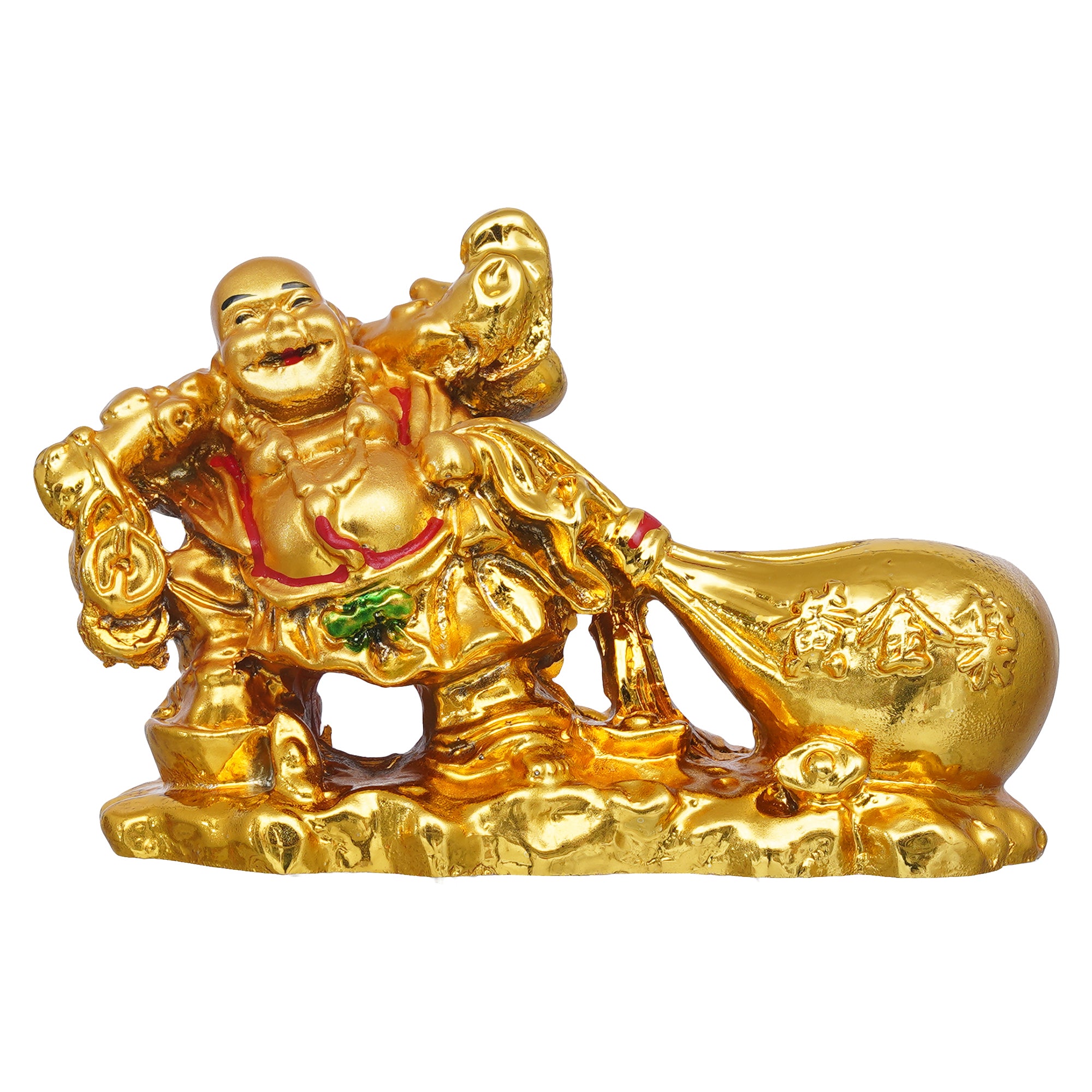 eCraftIndia Golden Polyresin Feng Shui Laughing Buddha Idol with Money Bag For Wealth And Good Luck 2