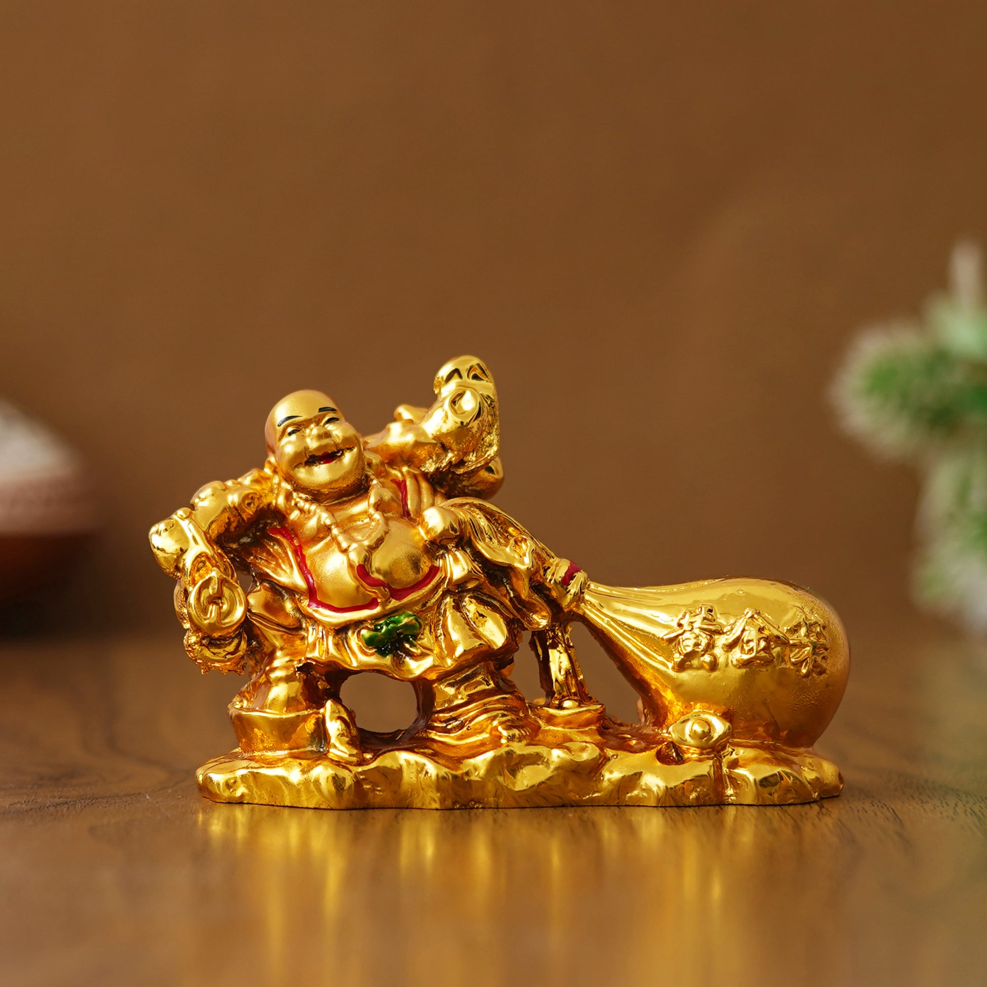 eCraftIndia Golden Polyresin Feng Shui Laughing Buddha Idol with Money Bag For Wealth And Good Luck 4