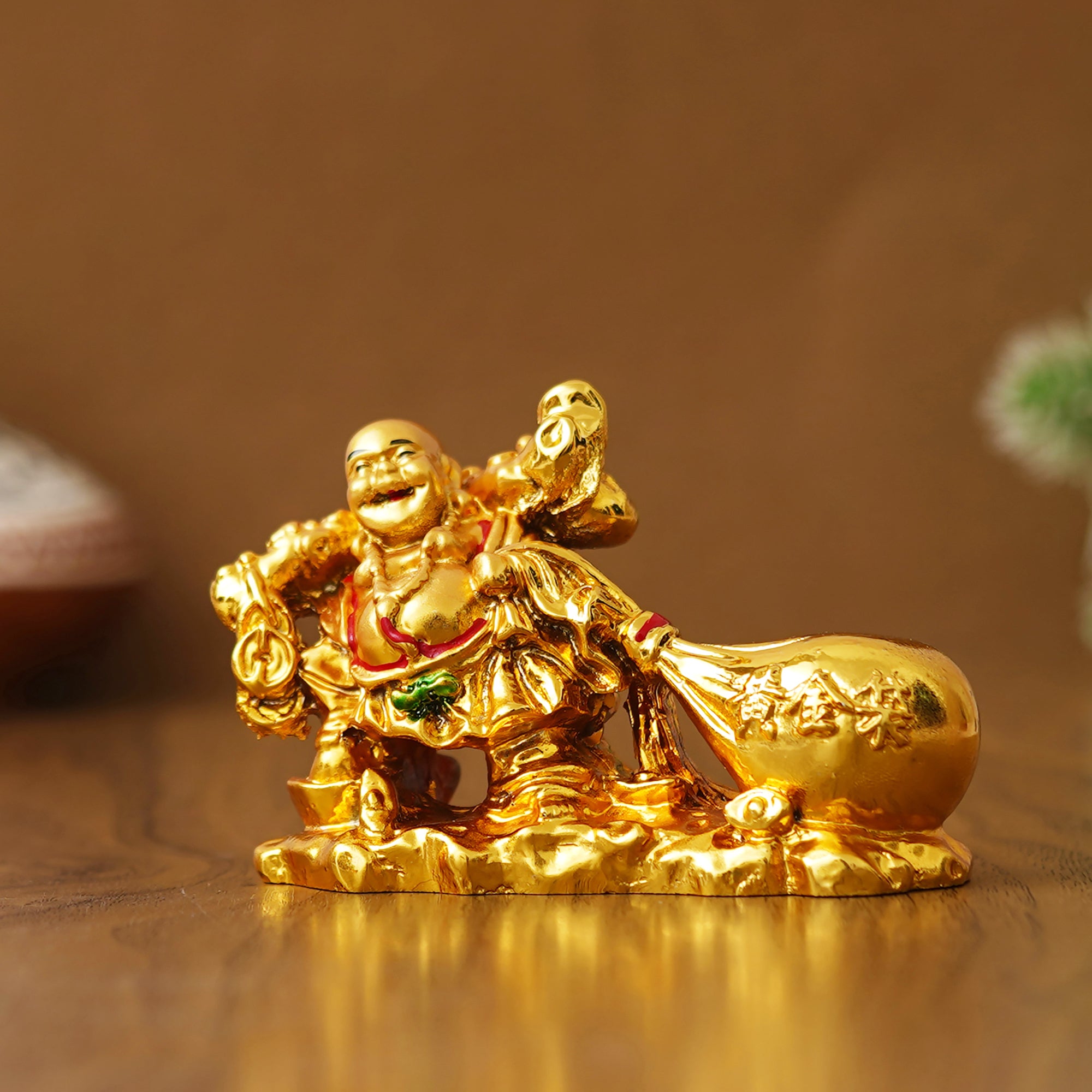 eCraftIndia Golden Polyresin Feng Shui Laughing Buddha Idol with Money Bag For Wealth And Good Luck 5