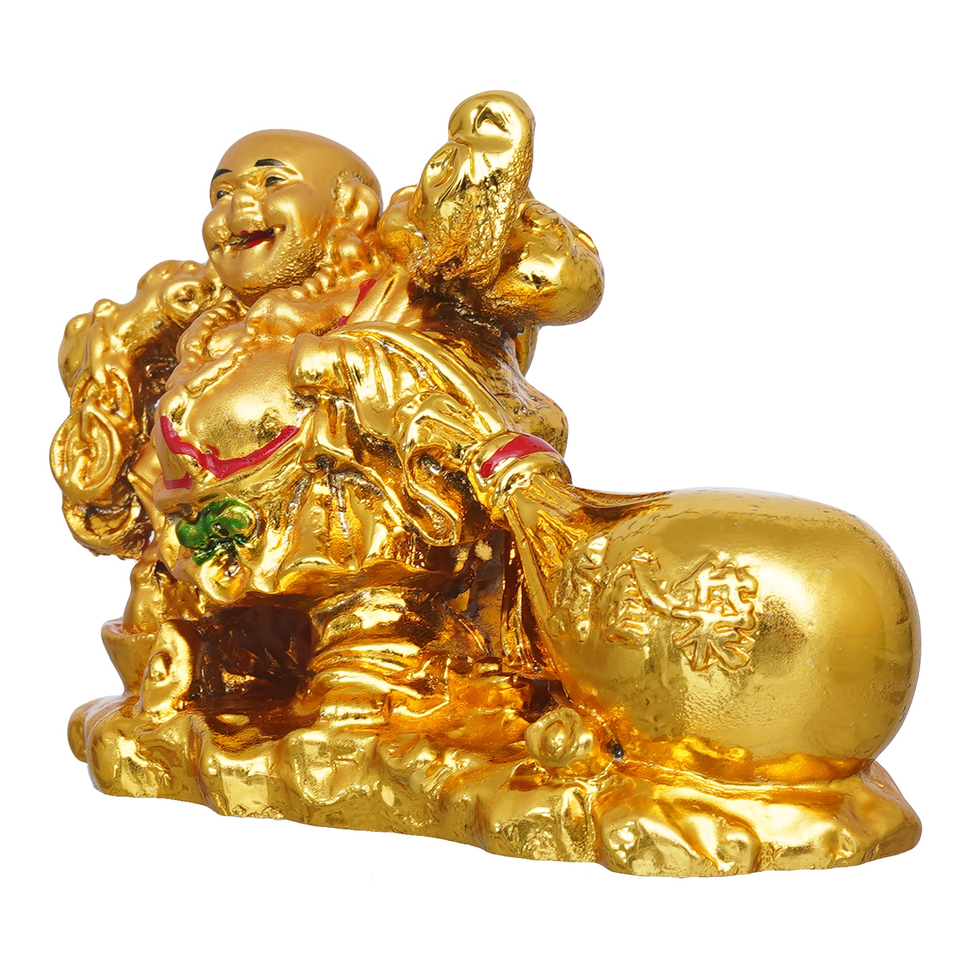 eCraftIndia Golden Polyresin Feng Shui Laughing Buddha Idol with Money Bag For Wealth And Good Luck 7