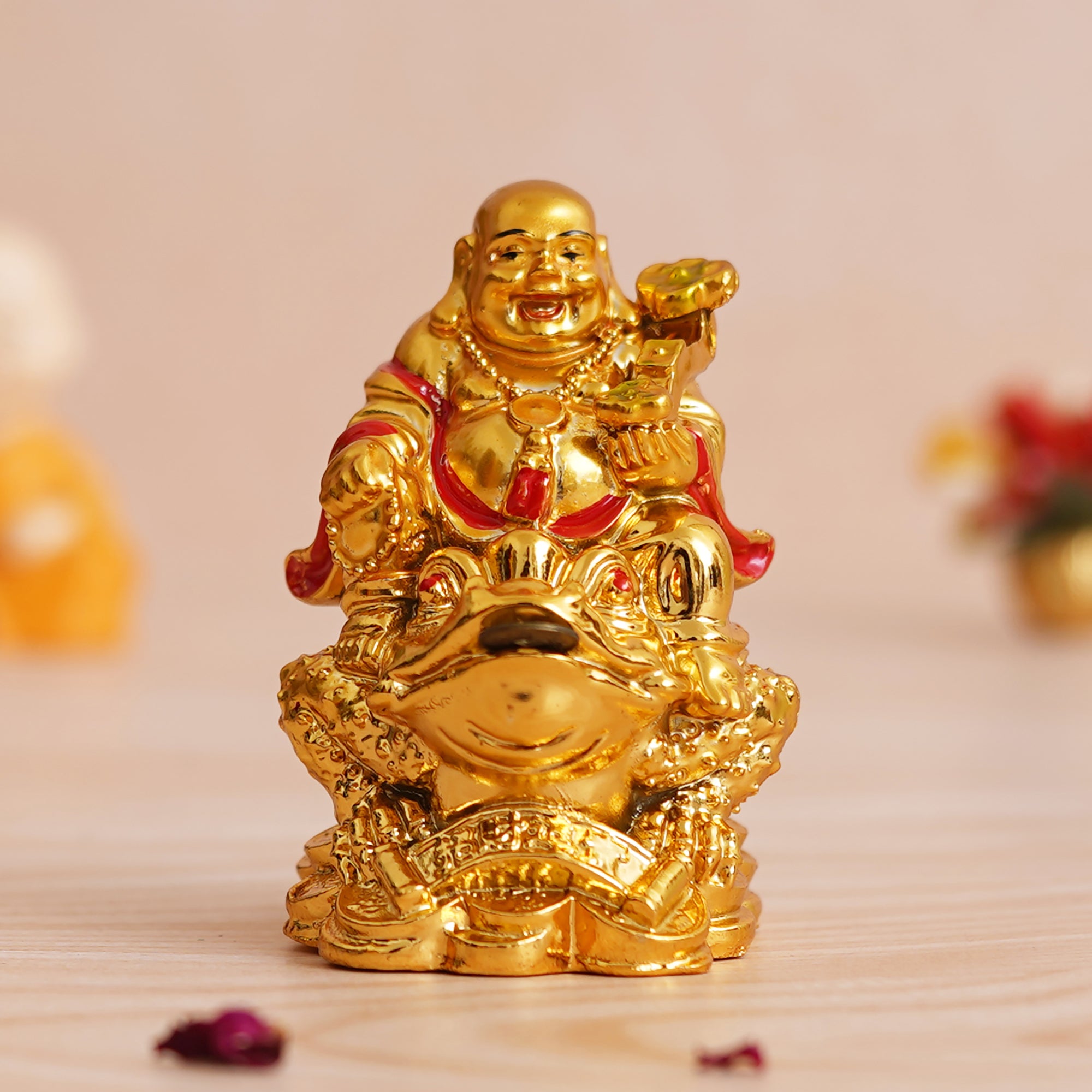 eCraftIndia Golden Polyresin Feng Shui Laughing Buddha Statue Sitting on Frog