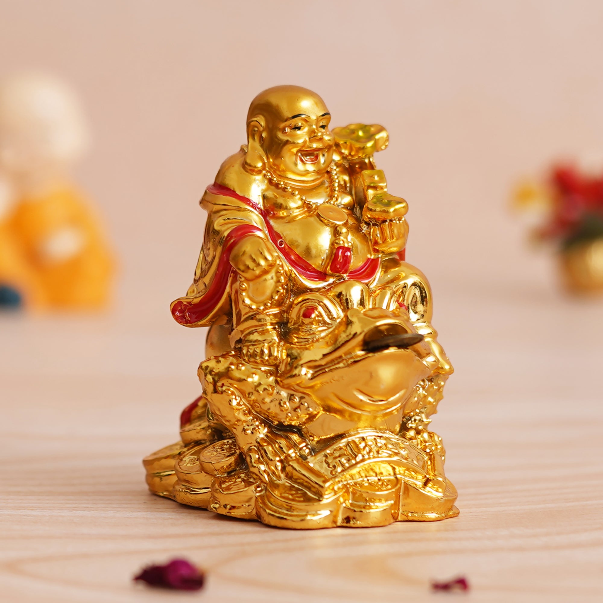 eCraftIndia Golden Polyresin Feng Shui Laughing Buddha Statue Sitting on Frog 1
