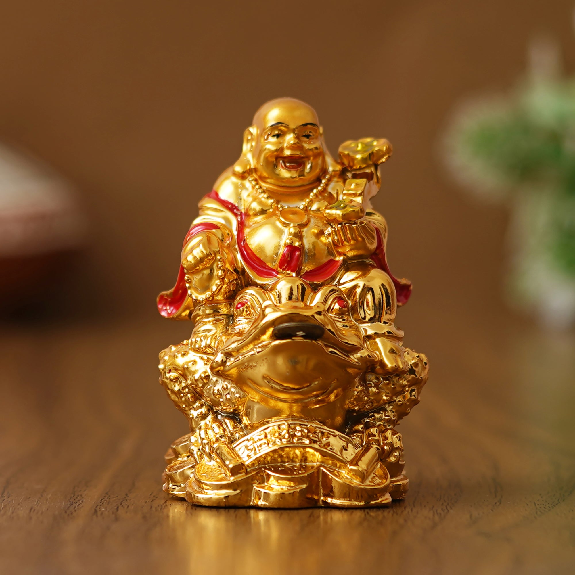 eCraftIndia Golden Polyresin Feng Shui Laughing Buddha Statue Sitting on Frog 4