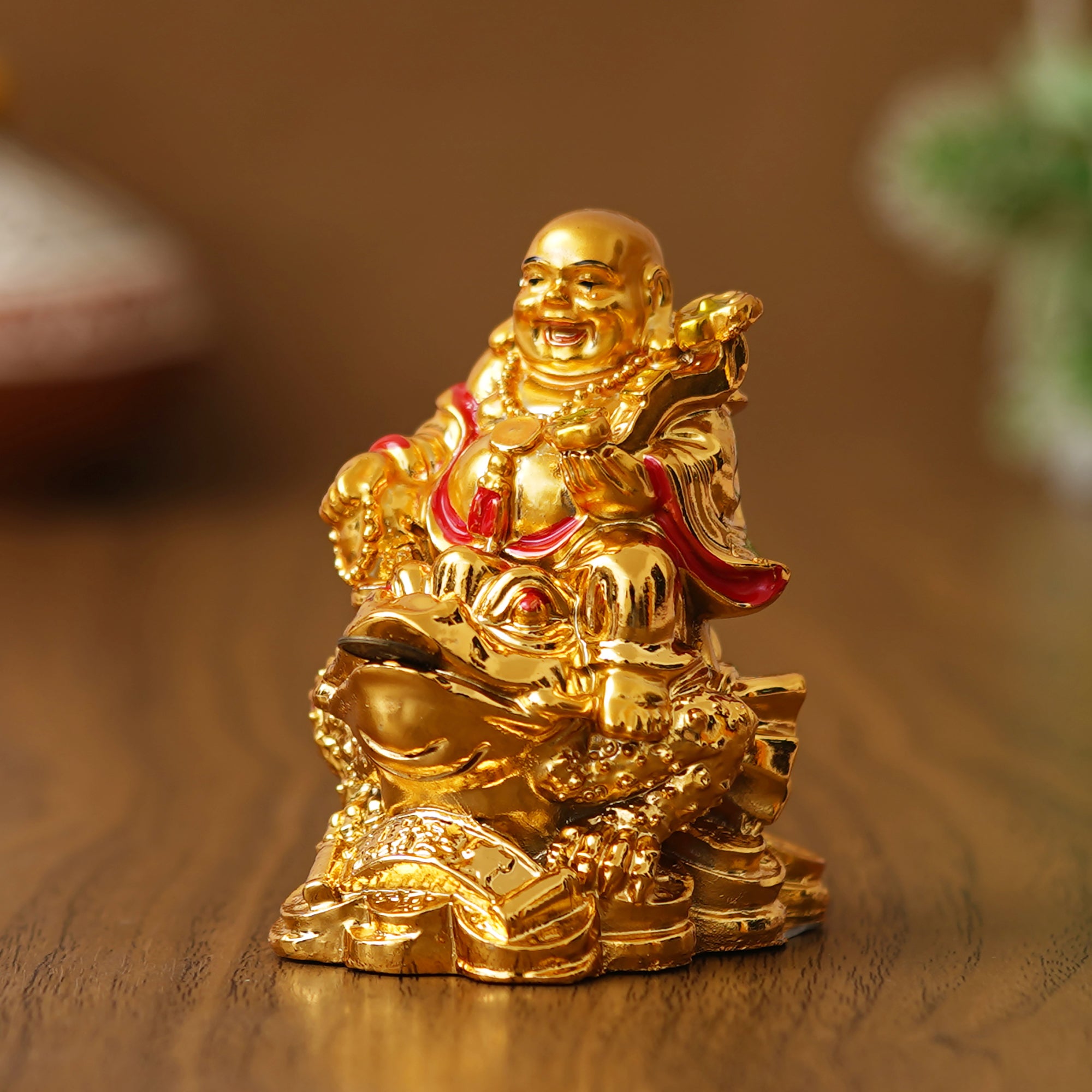 eCraftIndia Golden Polyresin Feng Shui Laughing Buddha Statue Sitting on Frog 5