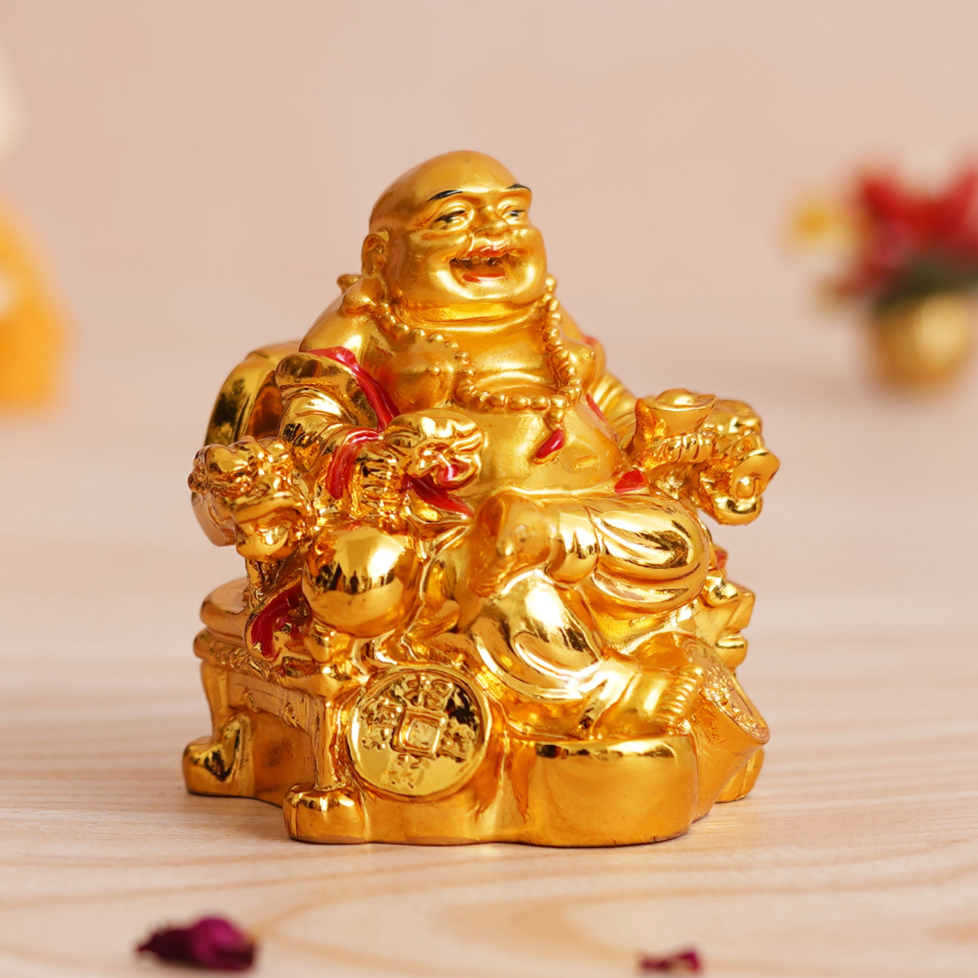 eCraftIndia Golden Polyresin Feng Shui Laughing Buddha Statue Sitting on Chair 1