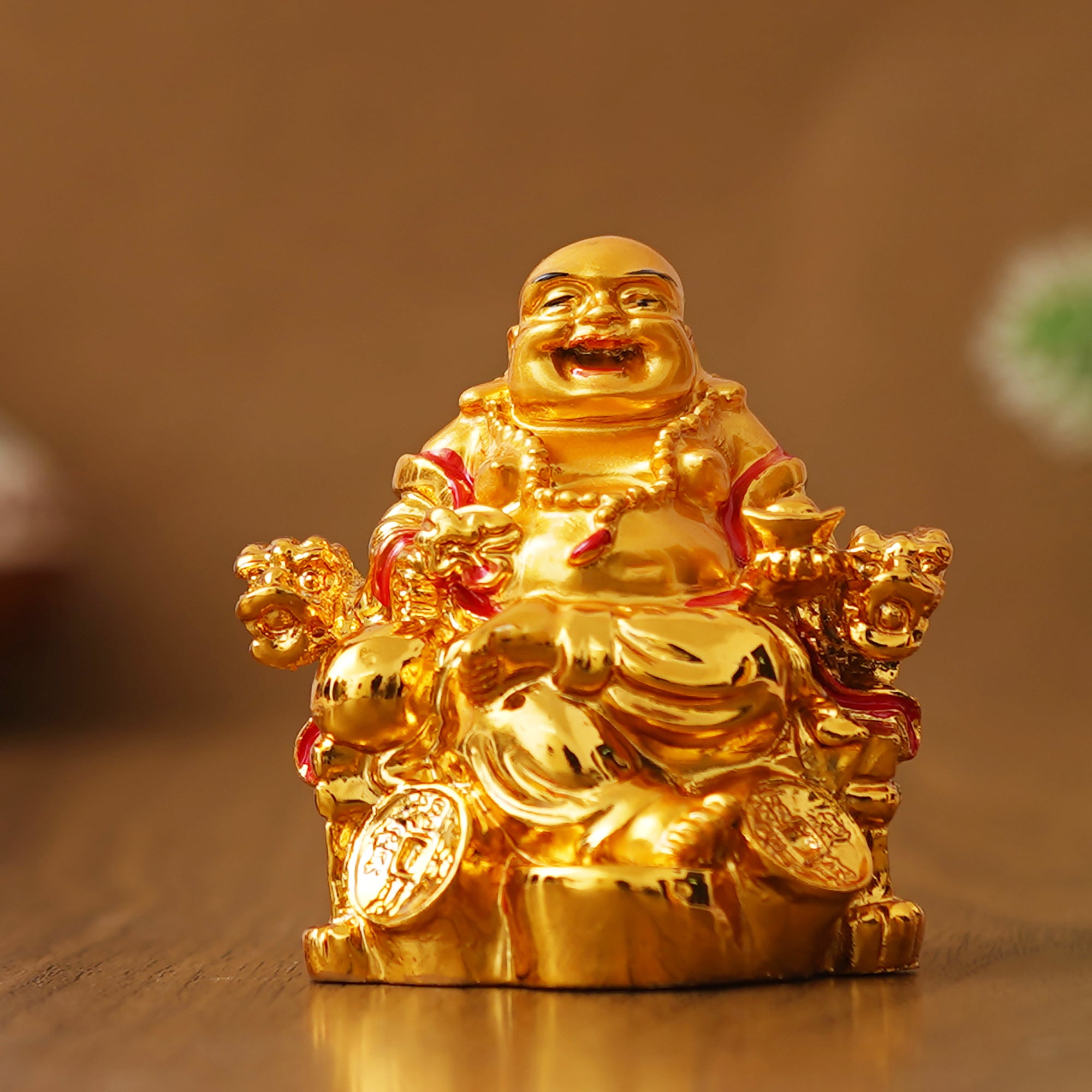eCraftIndia Golden Polyresin Feng Shui Laughing Buddha Statue Sitting on Chair 4