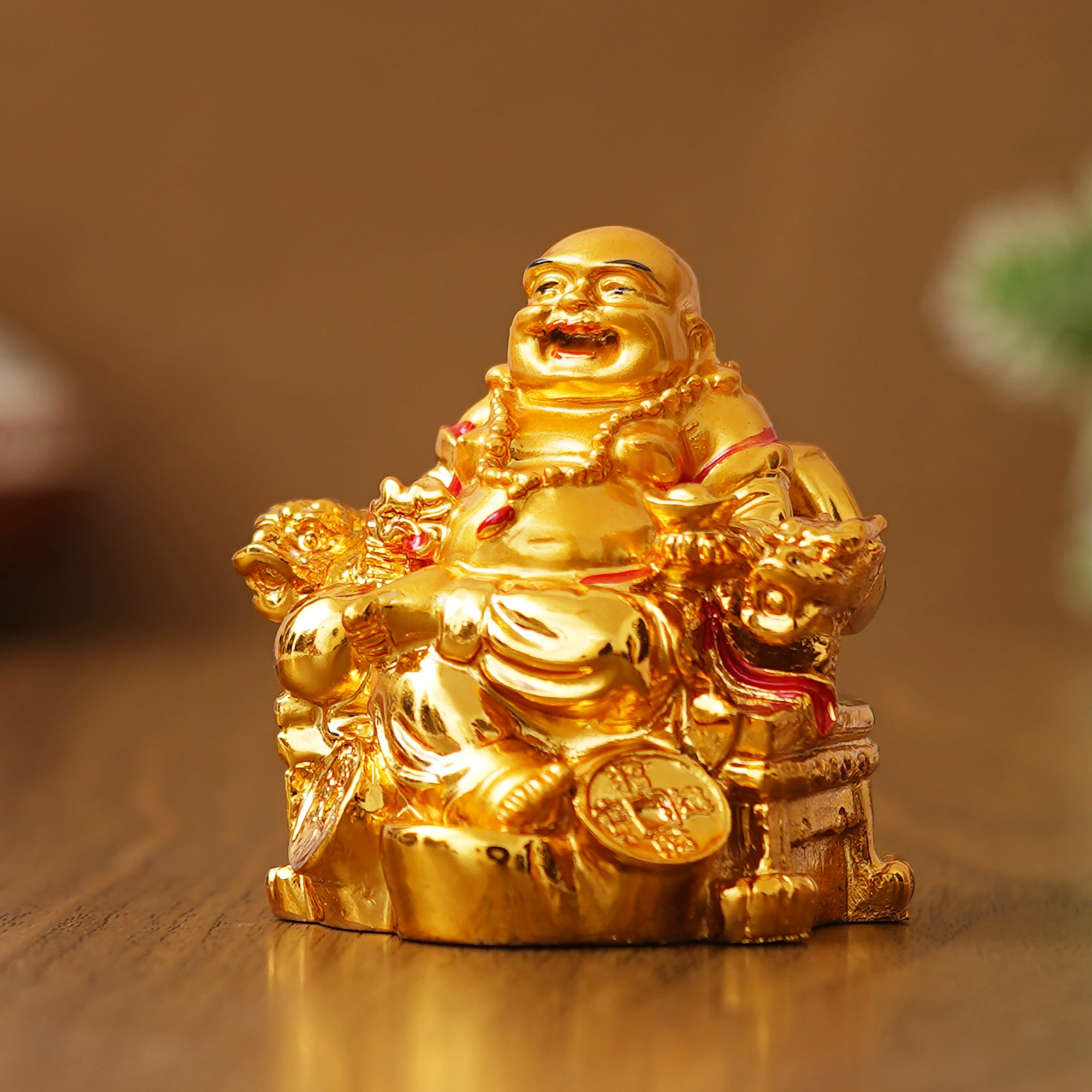 eCraftIndia Golden Polyresin Feng Shui Laughing Buddha Statue Sitting on Chair 5