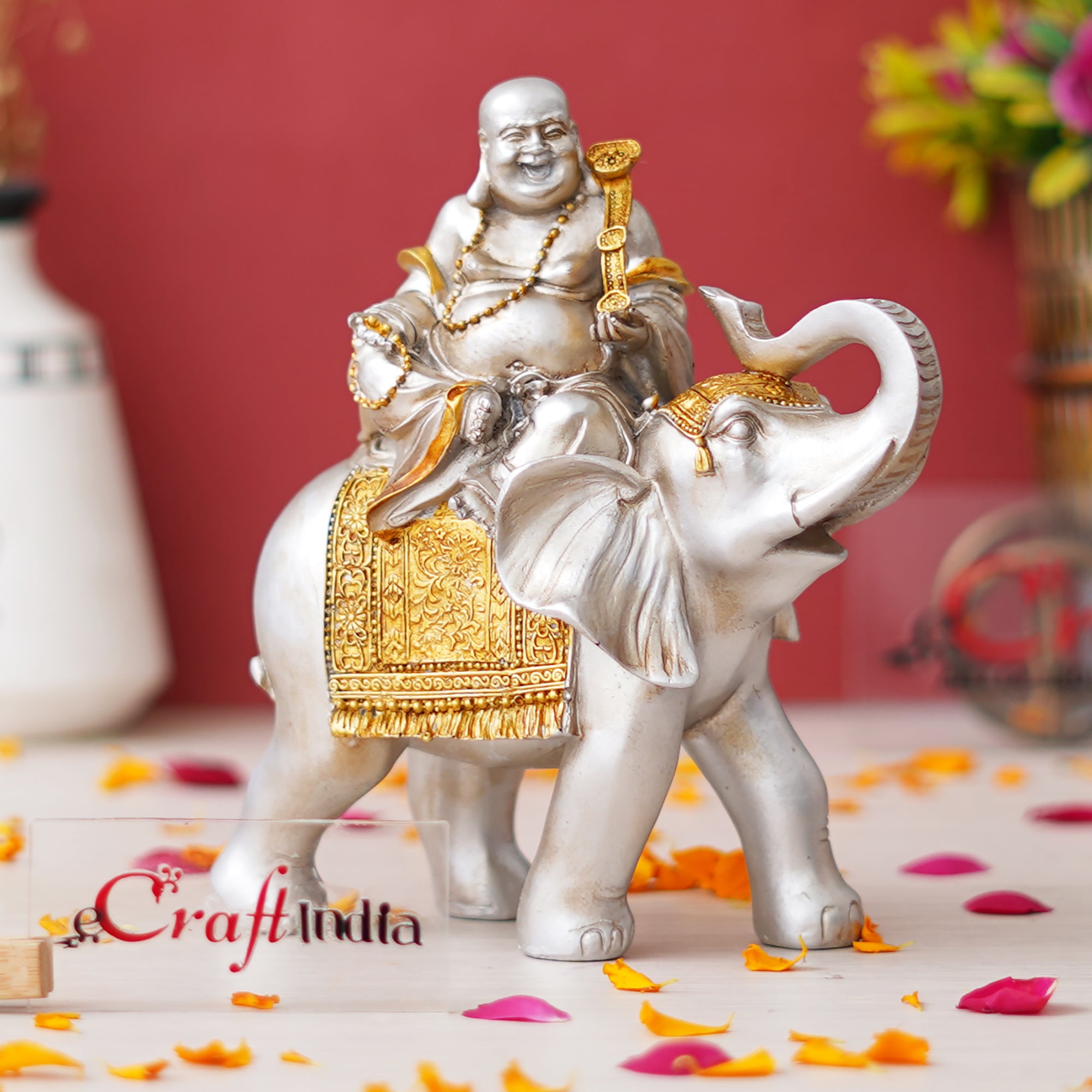 eCraftIndia Silver & Golden Laughing Buddha Statue Seating on Elephant Figurine 1