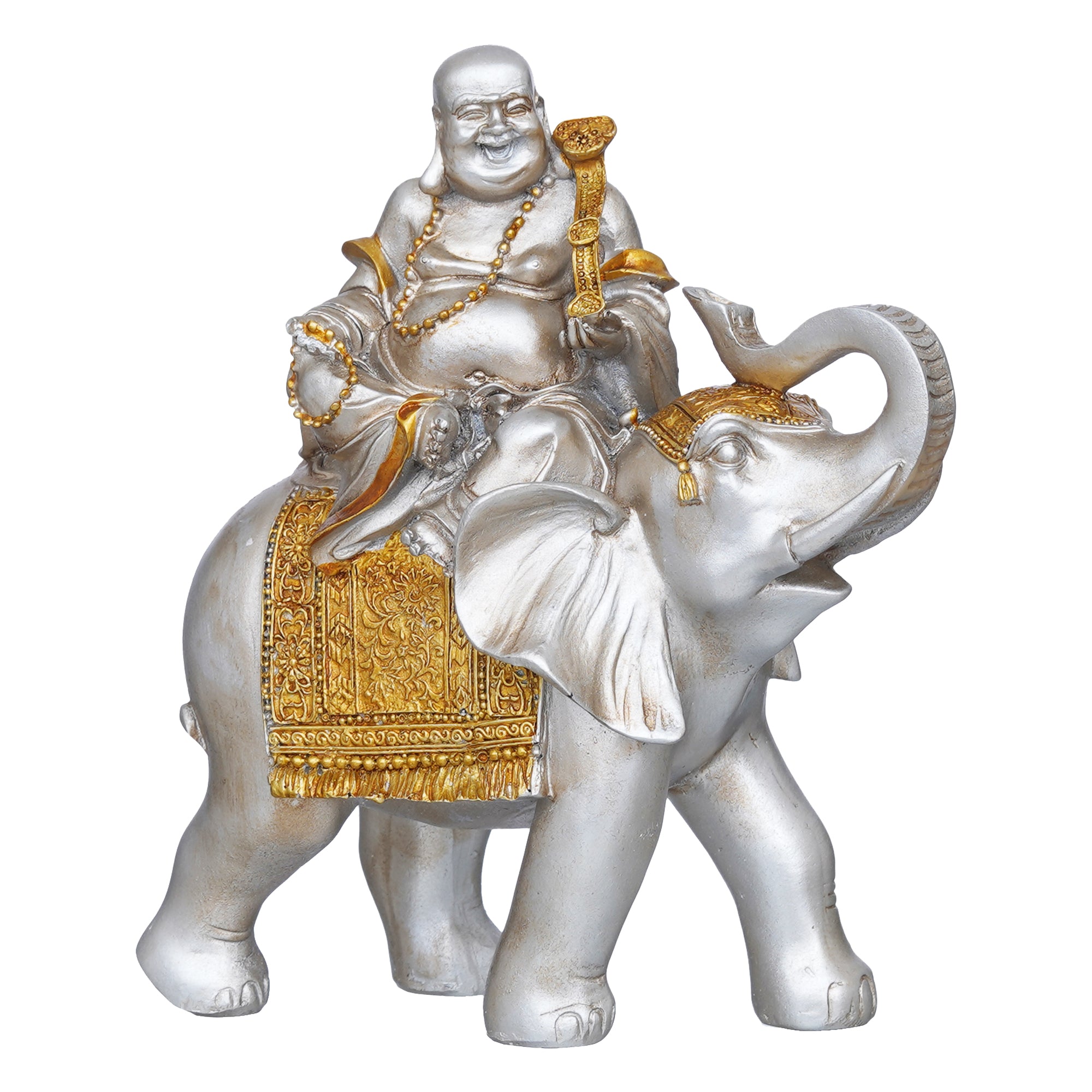 eCraftIndia Silver & Golden Laughing Buddha Statue Seating on Elephant Figurine 2