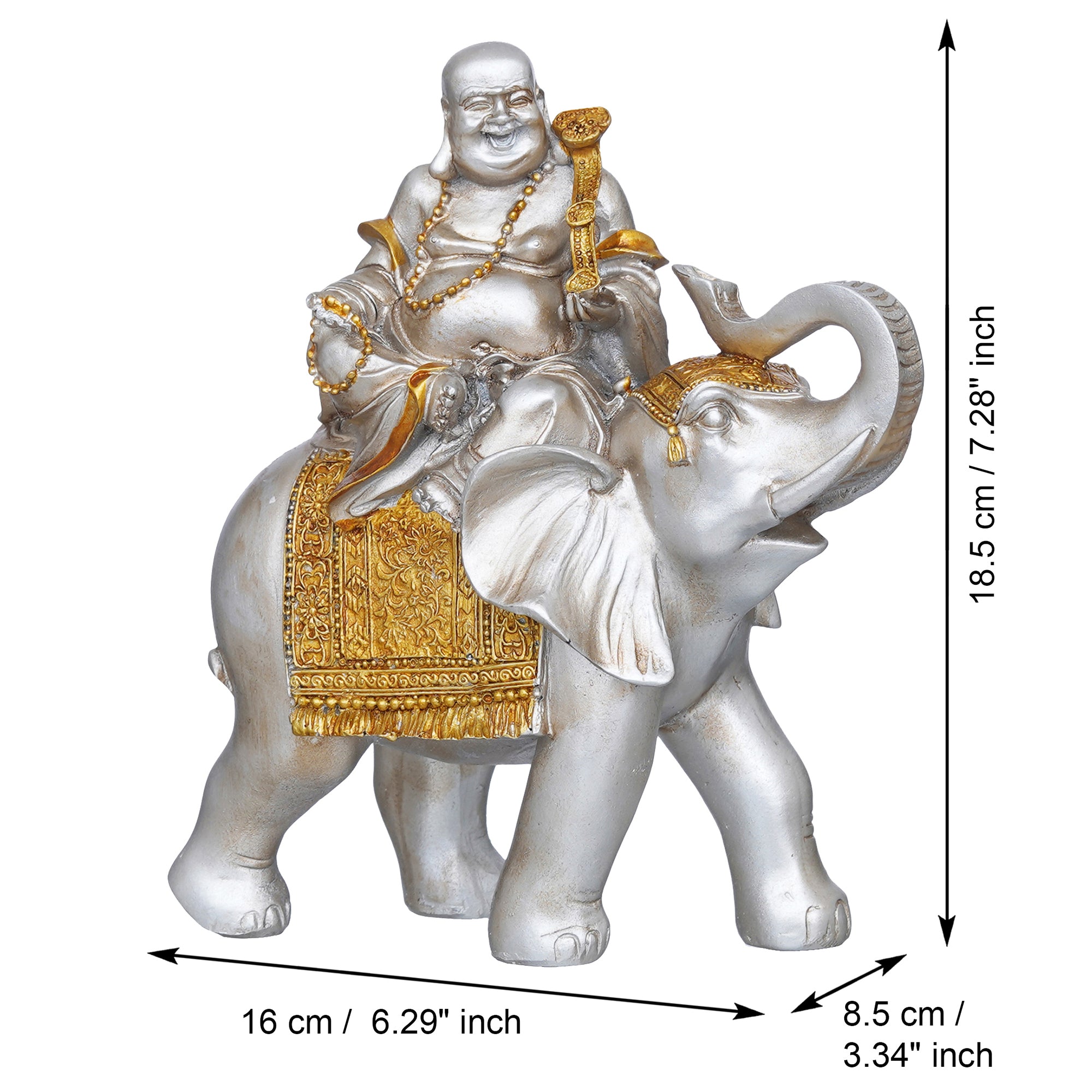 eCraftIndia Silver & Golden Laughing Buddha Statue Seating on Elephant Figurine 3