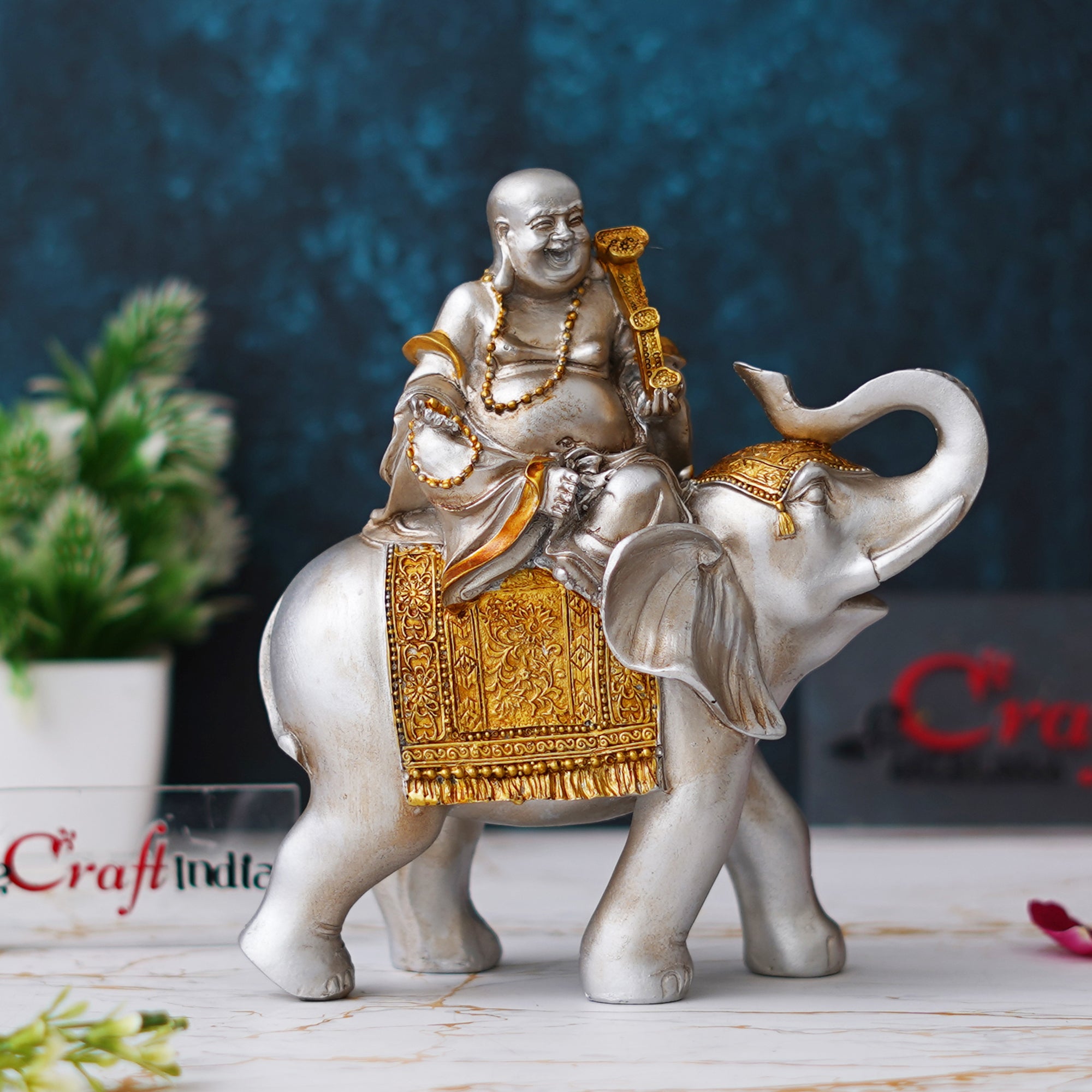 eCraftIndia Silver & Golden Laughing Buddha Statue Seating on Elephant Figurine 4