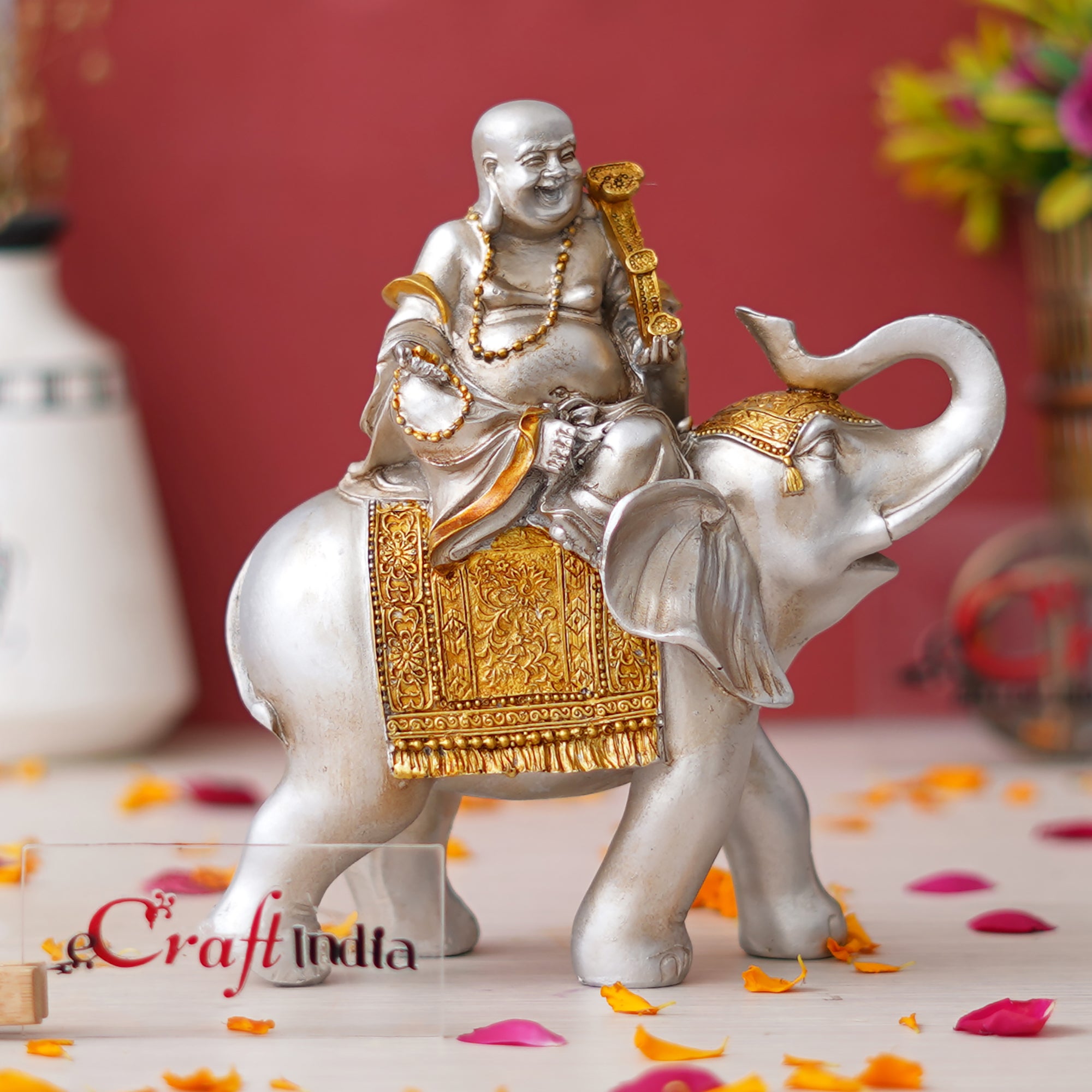 eCraftIndia Silver & Golden Laughing Buddha Statue Seating on Elephant Figurine 5