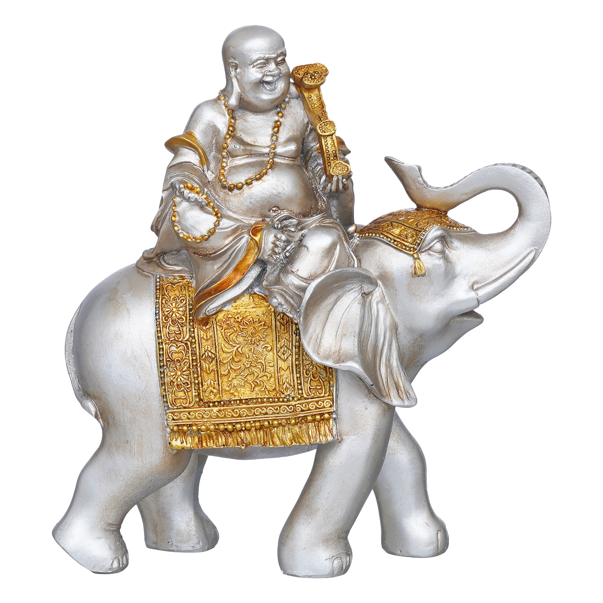 eCraftIndia Silver & Golden Laughing Buddha Statue Seating on Elephant Figurine 6
