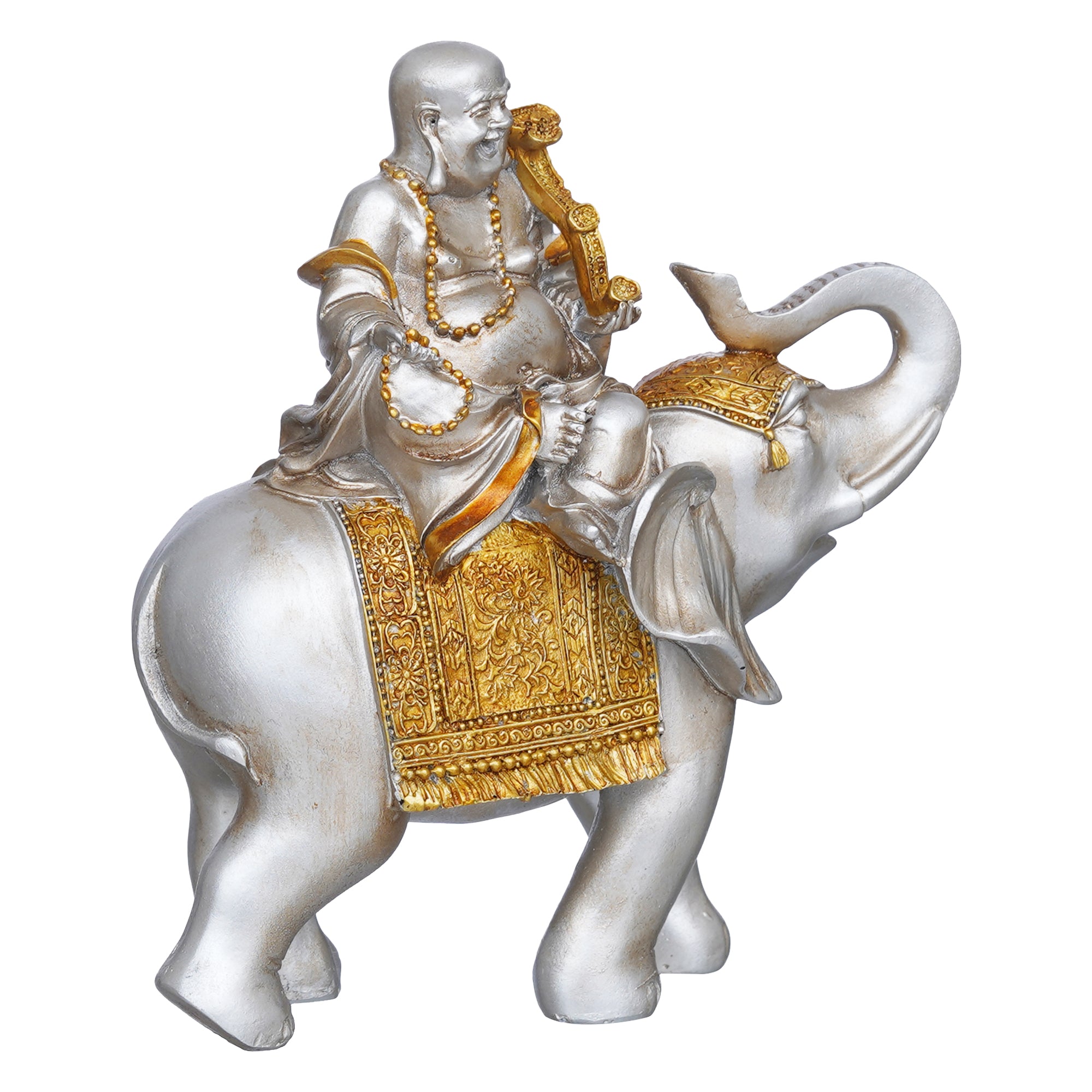 eCraftIndia Silver & Golden Laughing Buddha Statue Seating on Elephant Figurine 7