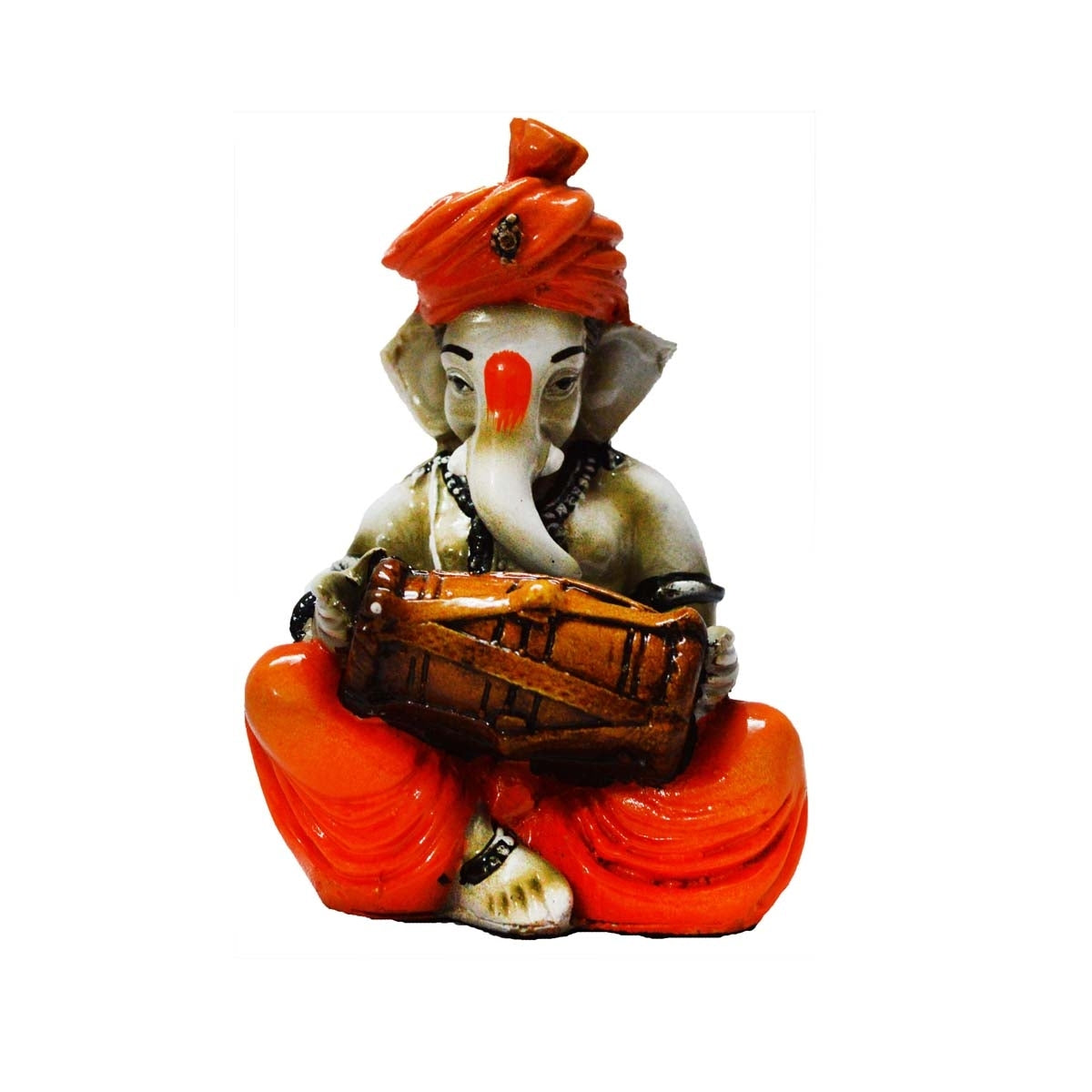 Orange Polyresin Lord Ganesha playing Dholak Idol 2