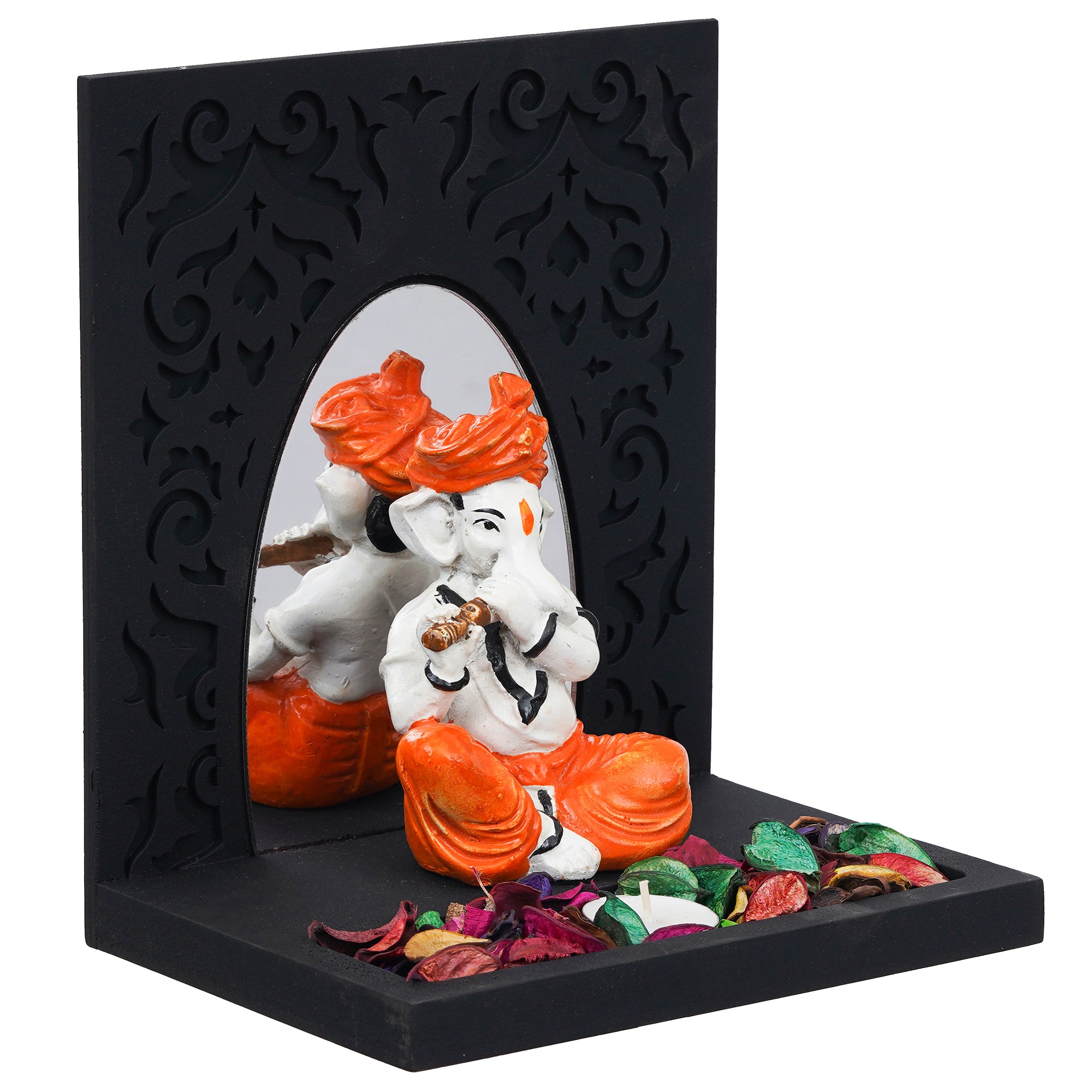 Orange, Brown, White & Black Polyresin Ganesha Playing Flute Showpiece with Rectangle Wooden Base Plate, Fragranced Petals & Tealight 1