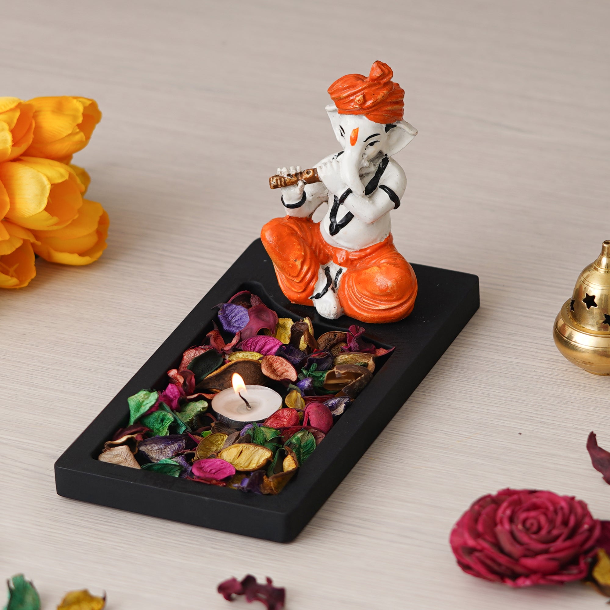 Orange, Brown, White & Black Polyresin Ganesha Playing Flute Showpiece with Rectangle Wooden Base Plate, Fragranced Petals & Tealight 2