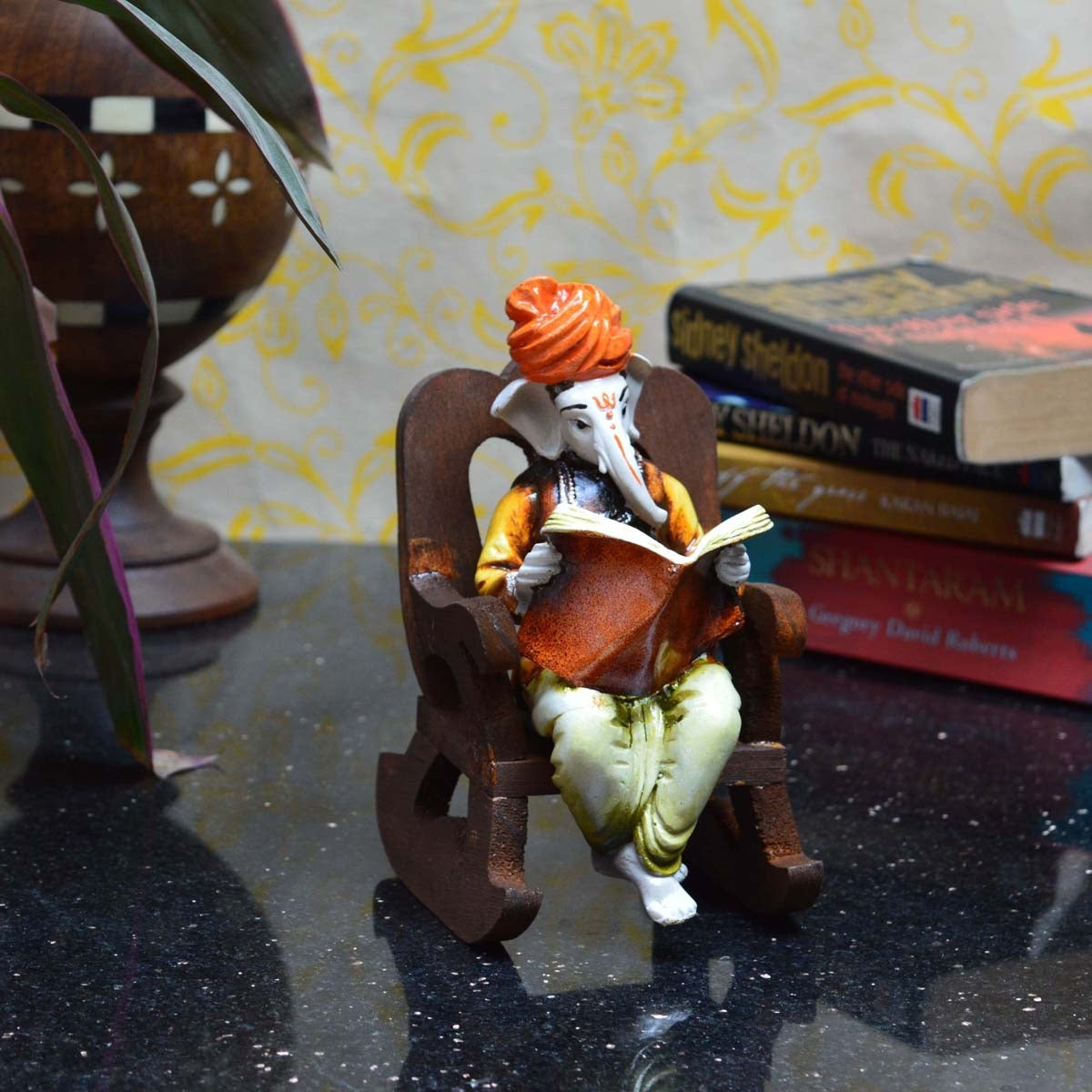Orange Polyresin Lord Ganesha Idol reading Book on Wooden Chair 3