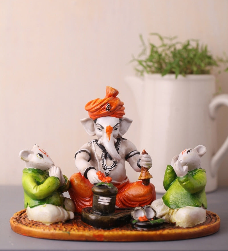 Lord Ganesha Idol Performing Shiva Pooja with 2 Rats (Green and Orange)