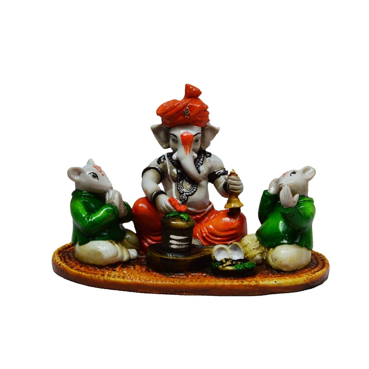 Lord Ganesha Idol Performing Shiva Pooja with 2 Rats (Green and Orange) 2